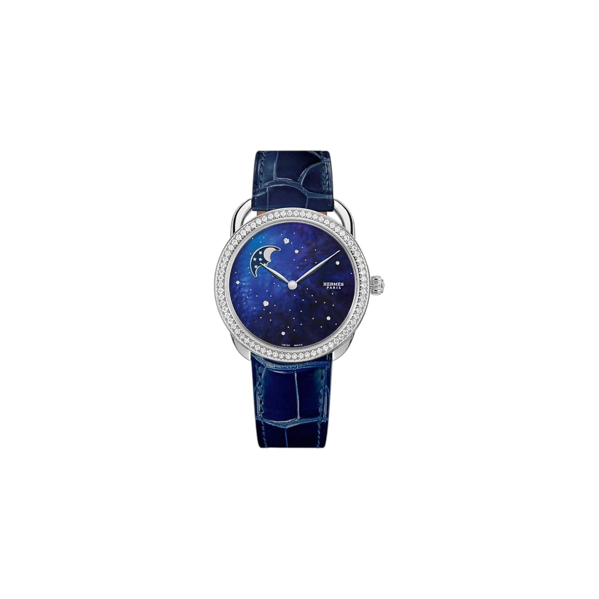 Via Manzoni Boutique Hermès Arceau Petite Lune watch with diamond bezel, blue mother-of-pearl dial, and alligator strap