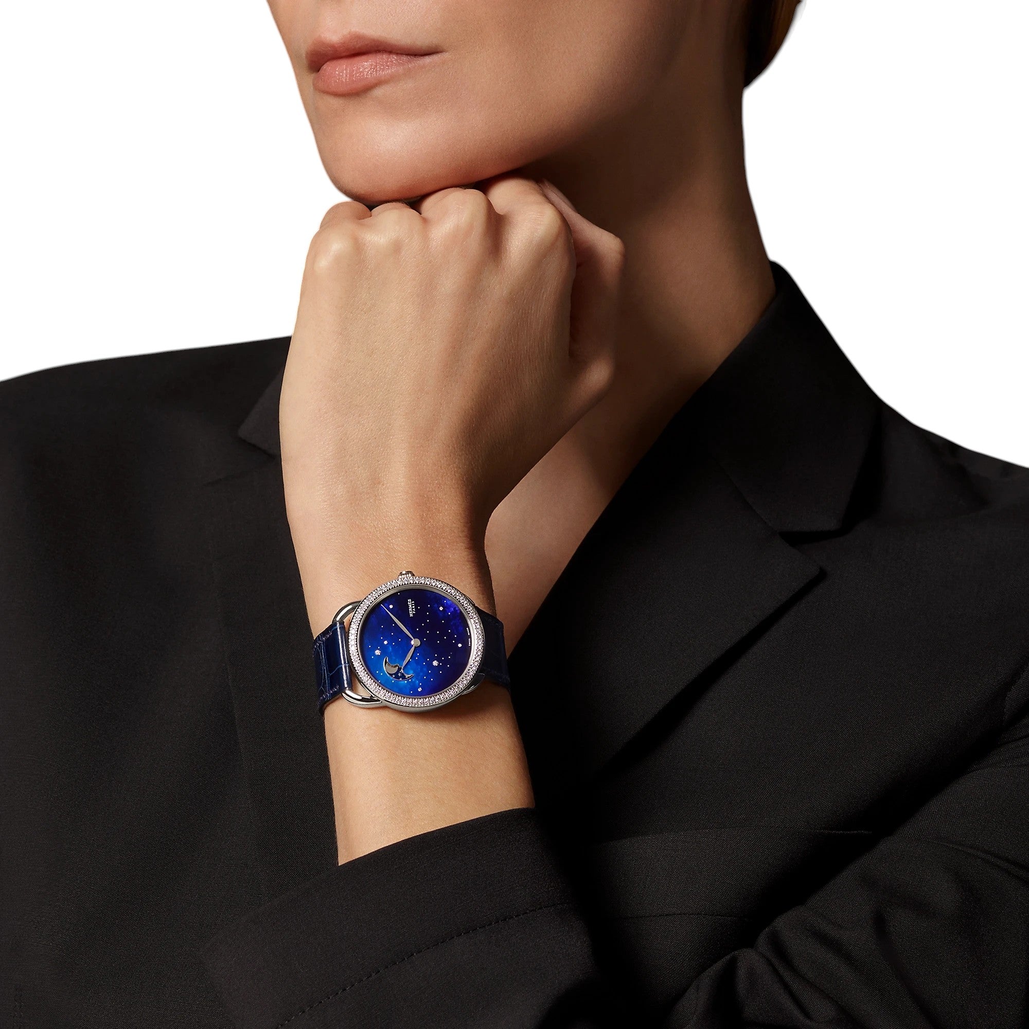 Via Manzoni Boutique Hermès Arceau Petite Lune watch with diamond bezel and blue mother-of-pearl dial on a wrist
