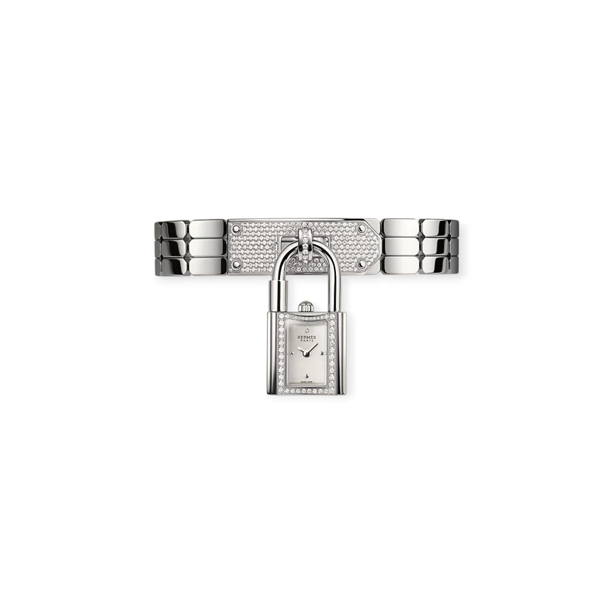 Via Manzoni Boutique Hermès Kelly watch in silver with diamond-encrusted padlock case and matching metal bracelet.