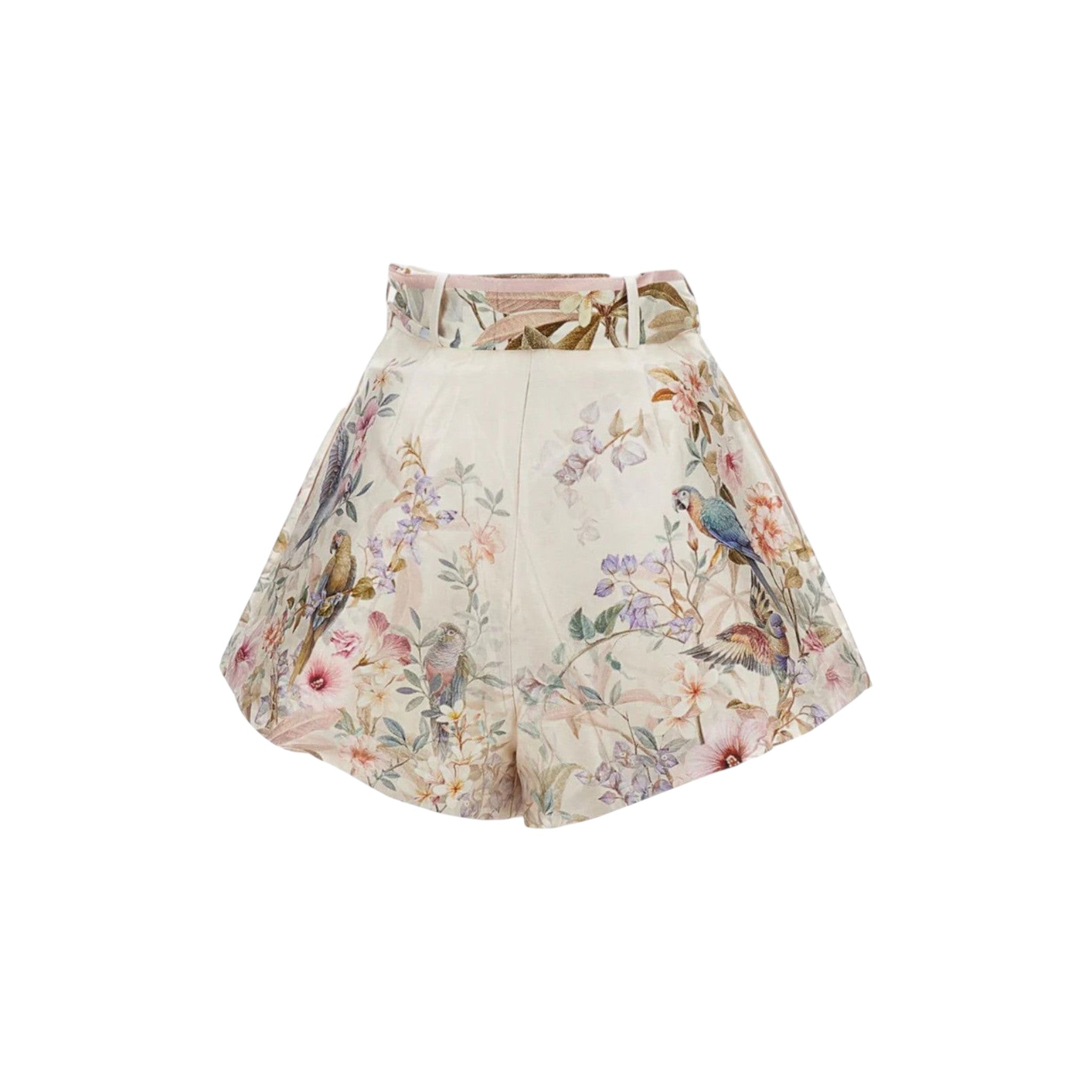 Via Manzoni Boutique high-waisted silk blend shorts with a botanical print featuring parrots and flowers. Belted waist.