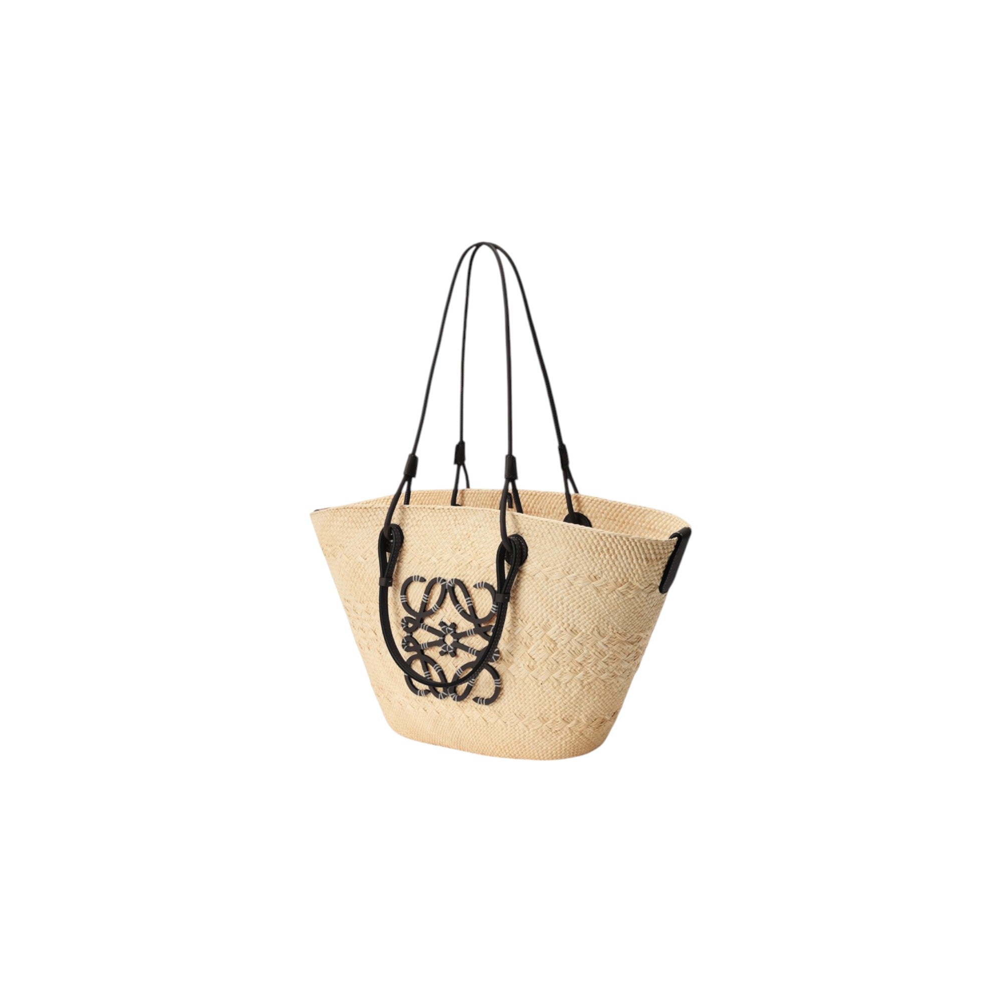 Via Manzoni Boutique LOEWE Anagram medium basket bag in handwoven natural iraca palm with black calfskin leather trim.