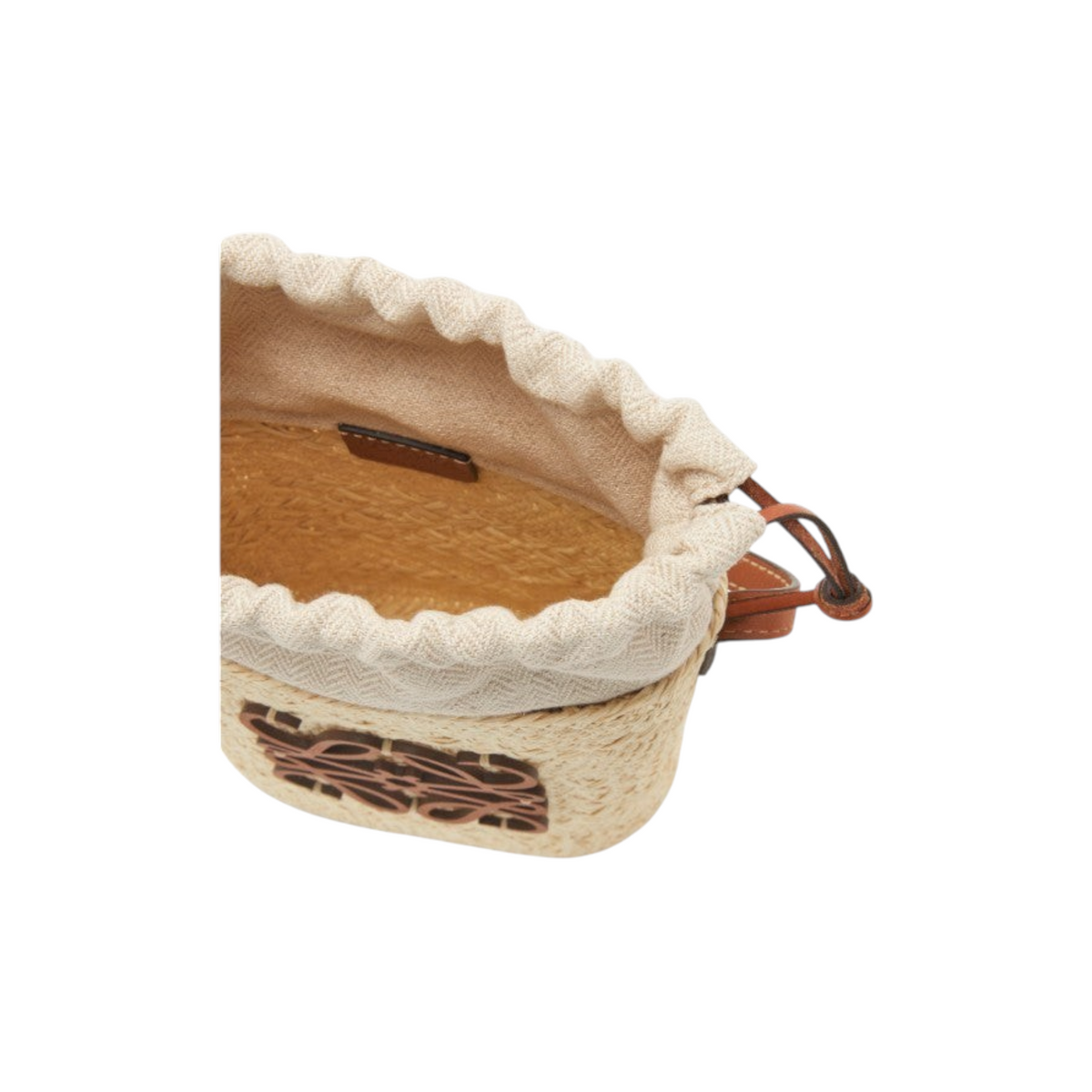 Via Manzoni Boutique LOEWE raffia bucket bag with tan leather Anagram logo and beige fabric drawstring interior