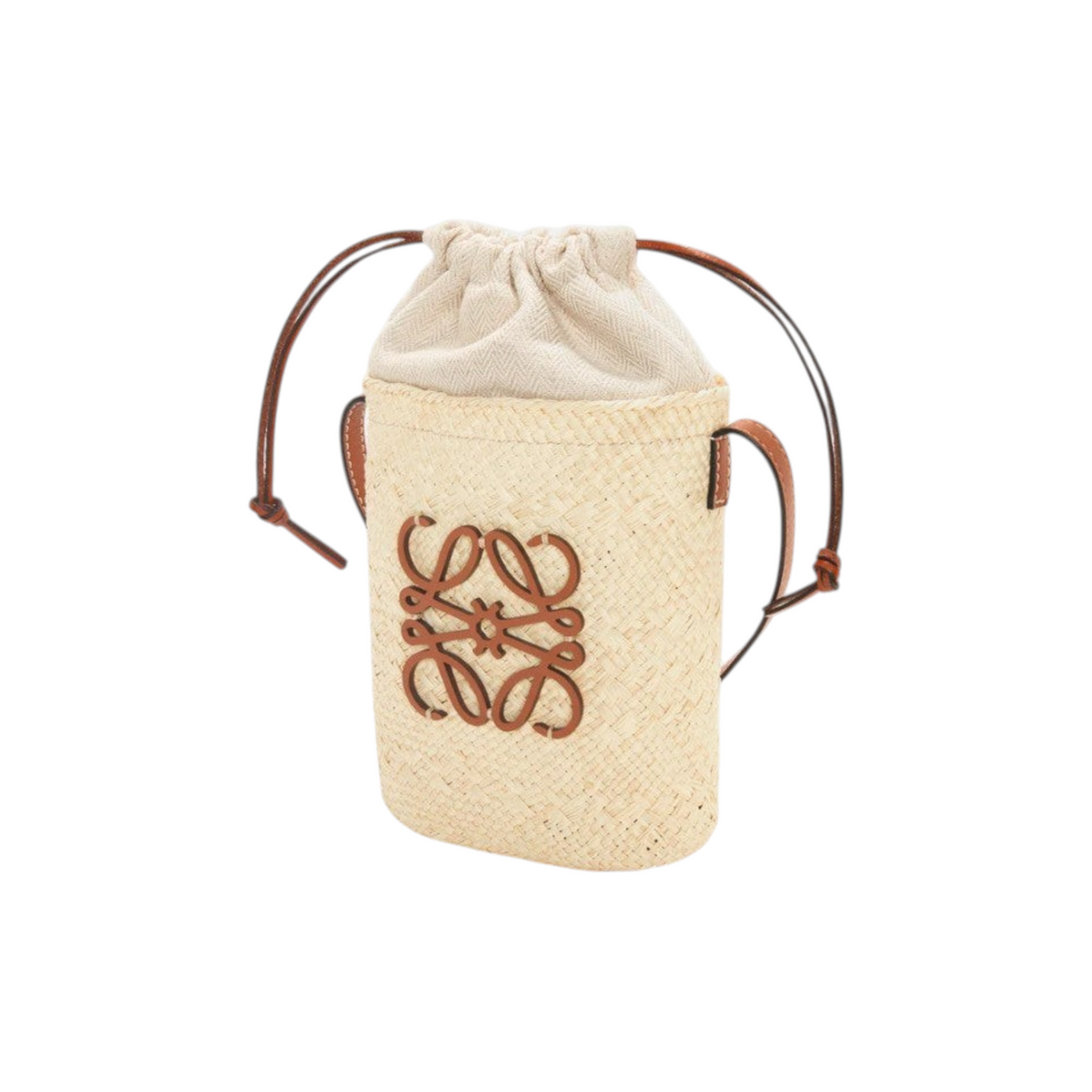 Via Manzoni Boutique LOEWE woven raffia bucket bag with tan leather Anagram logo and drawstring closure