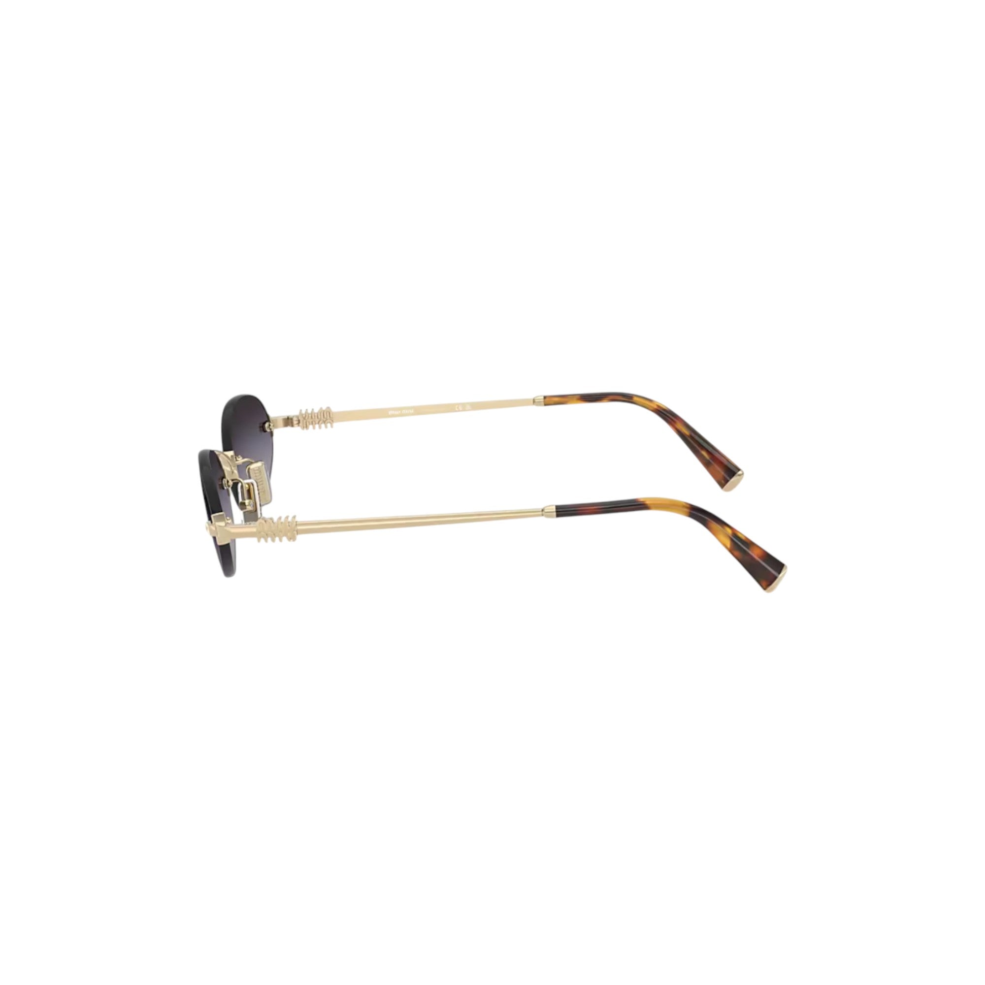 Via Manzoni Boutique rimless oval sunglasses with grey gradient lenses and pale gold metal frame with tortoiseshell temple tips.
