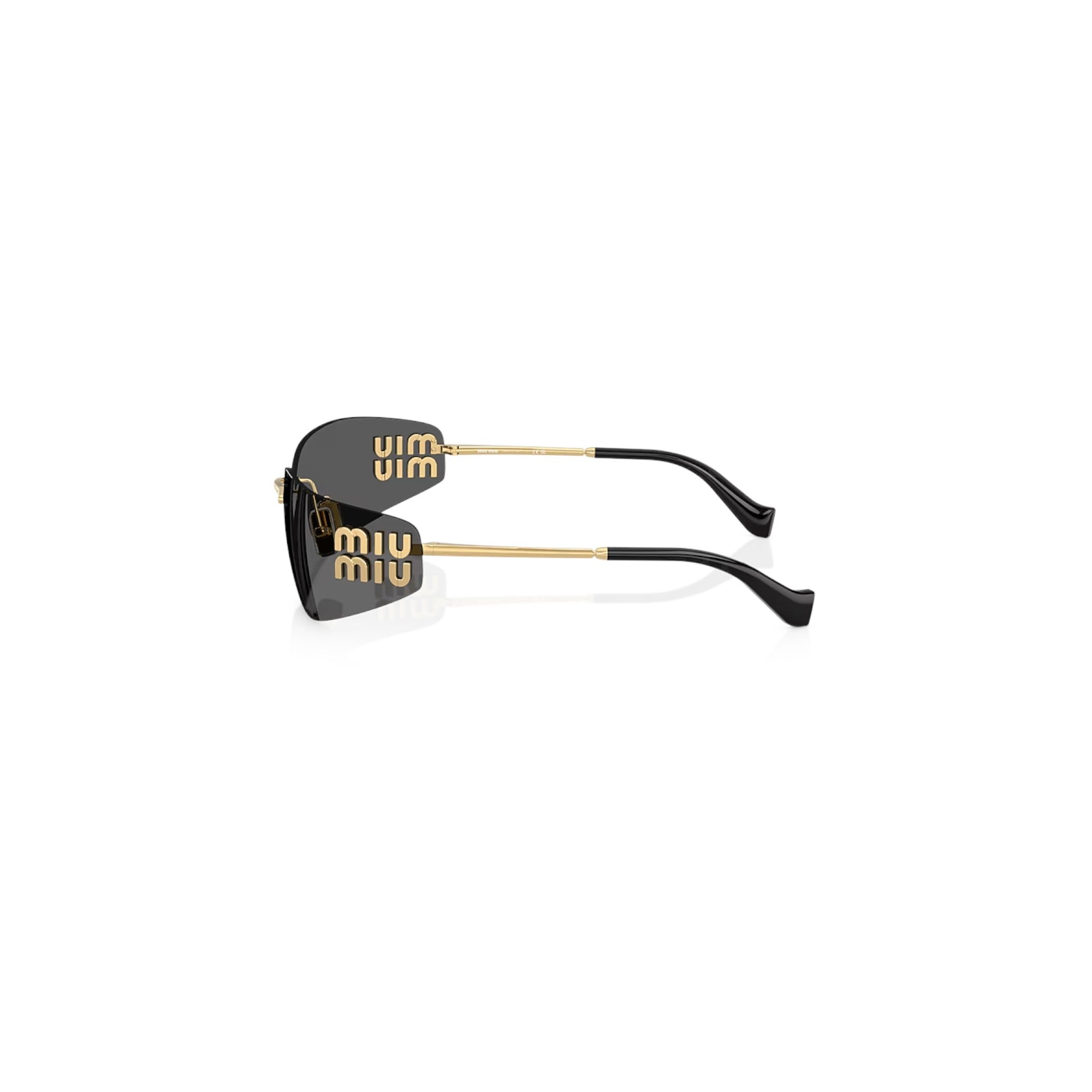 Via Manzoni Boutique Miu Miu Aube rimless shield sunglasses with gold-tone metal temples and black lenses.