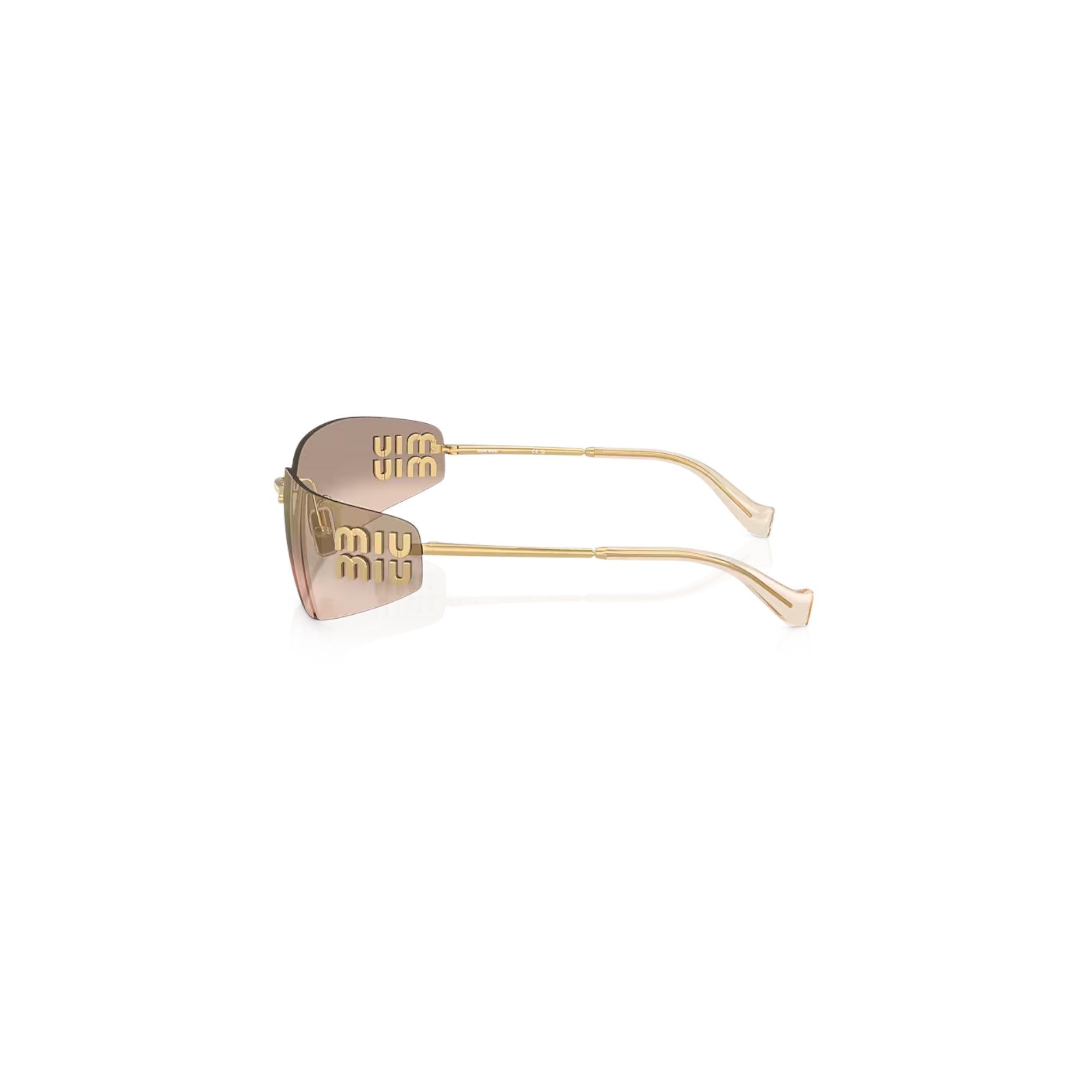 Via Manzoni Boutique Miu Miu Aube rimless shield sunglasses with gold metal temples and bronze mirror gradient lenses.