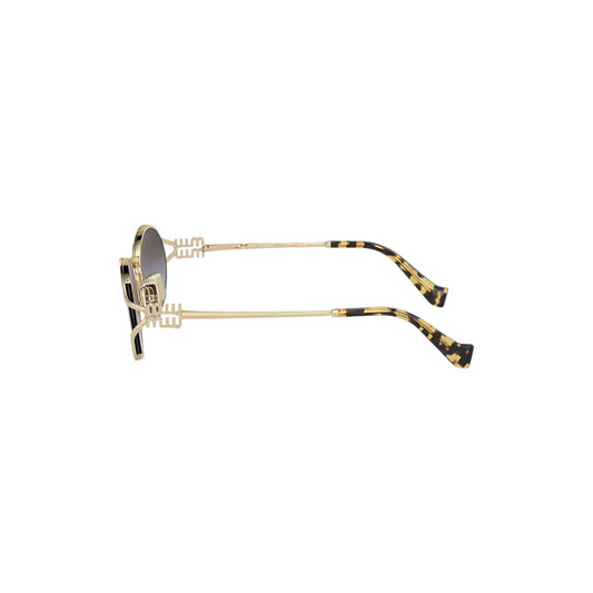 Via Manzoni Boutique Miu Miu MU 52YS oval sunglasses with pale gold metal frame and grey gradient lenses. Features bow detail on temples and tortoiseshell acetate tips.