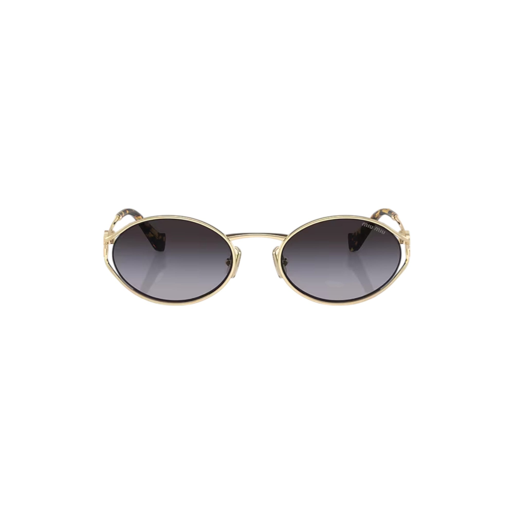 Via Manzoni Boutique Miu Miu oval sunglasses with pale gold metal frame and grey gradient lenses. Features signature bow detail on temples.