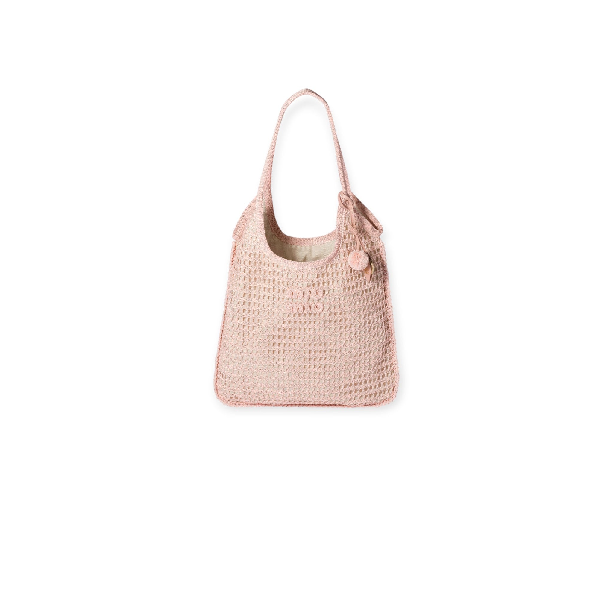 Via Manzoni Boutique Miu Miu Ivy orchid pink raffia crochet tote bag with leather details and pom-pom charm