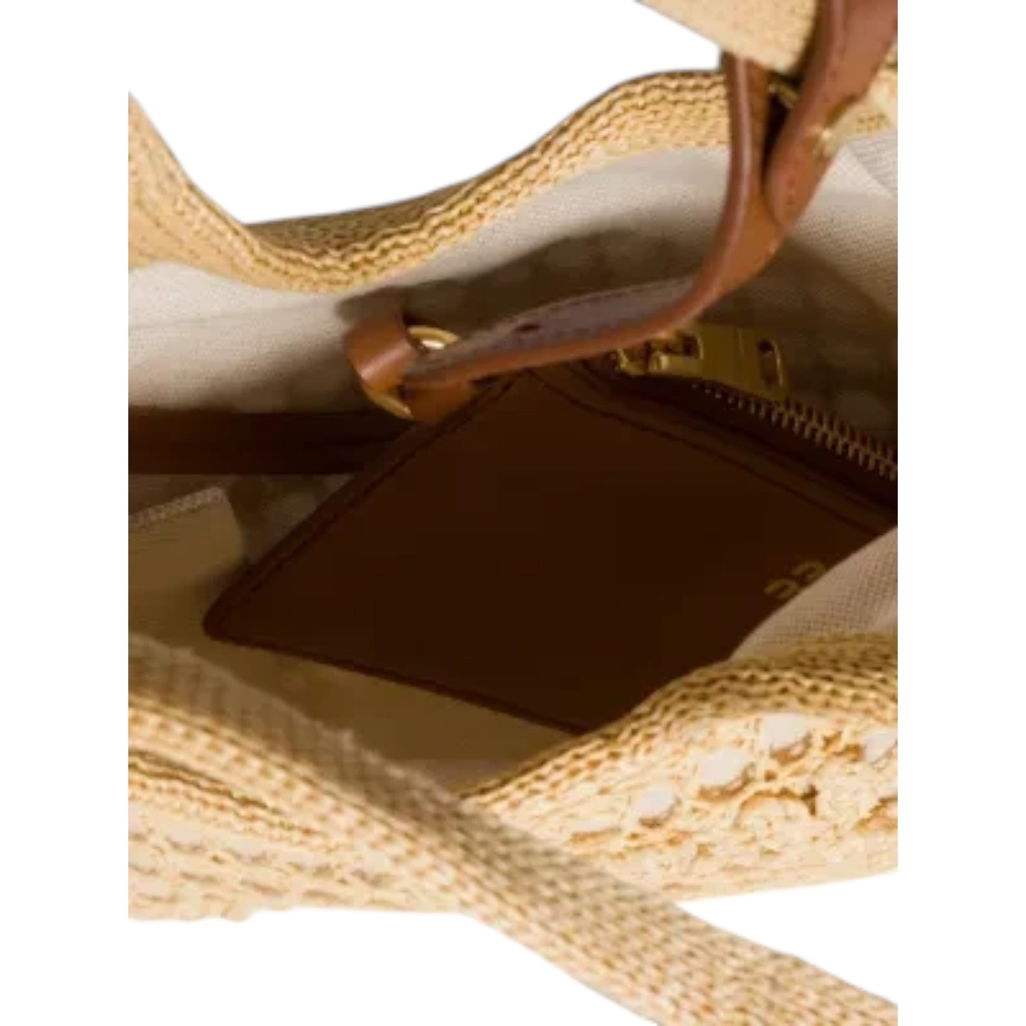 Interior view of Via Manzoni Boutique Miu Miu Ivy raffia crochet tote bag with beige knit and brown leather pocket