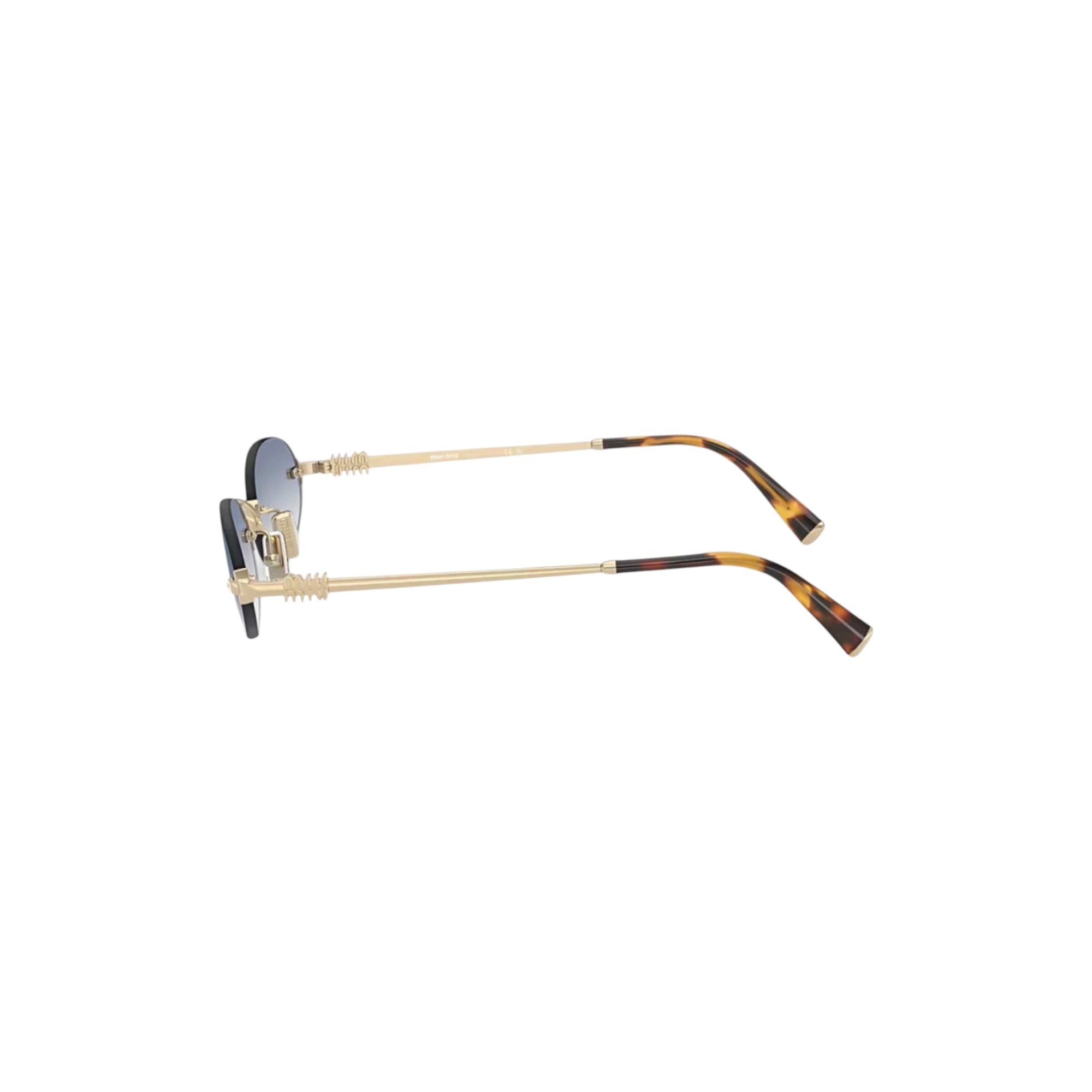 Via Manzoni Boutique Miu Miu rimless oval sunglasses with pale gold metal frame and gradient blue lenses.