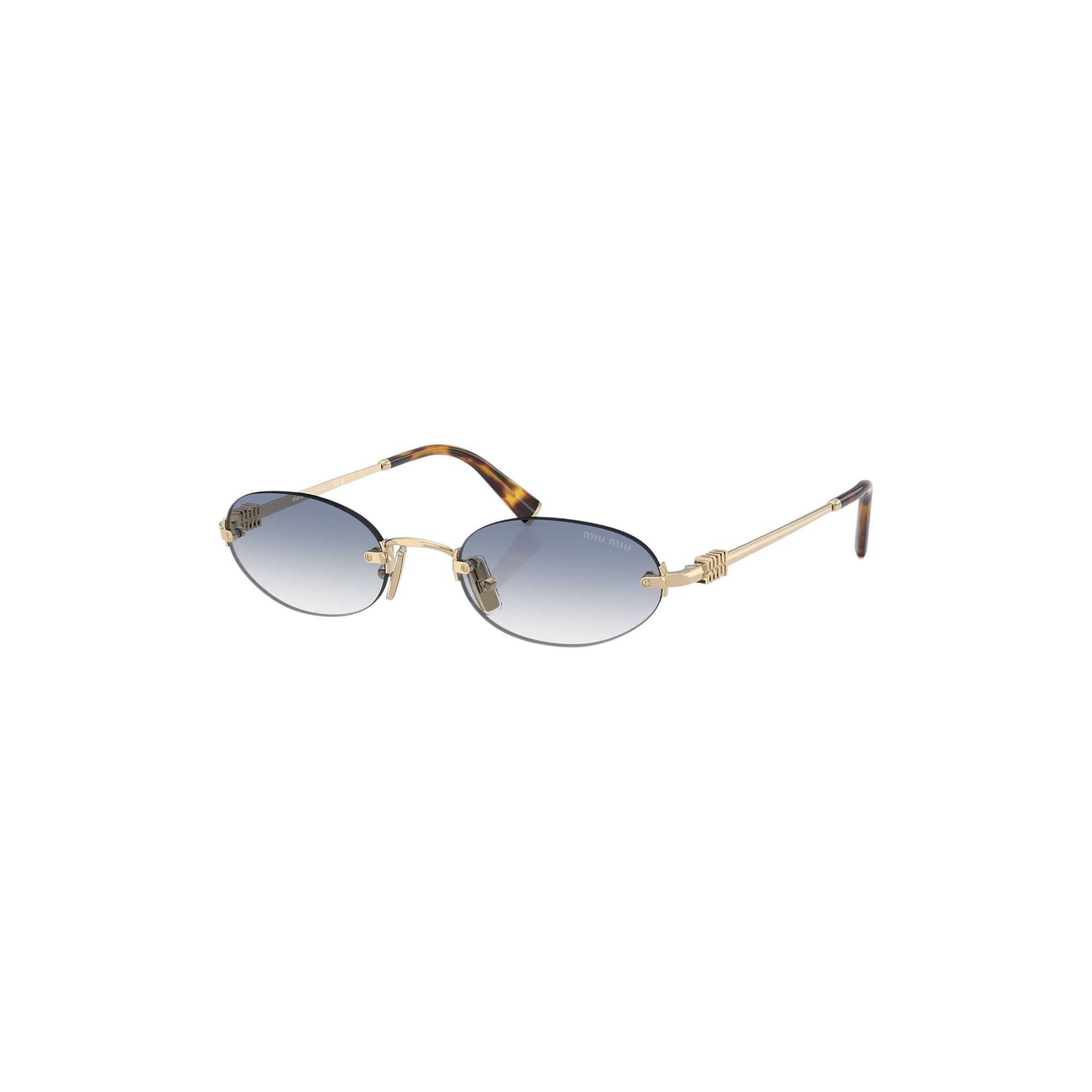 Via Manzoni Boutique Miu Miu rimless oval sunglasses with gradient blue lenses and gold metal frame with tortoiseshell temple tips.