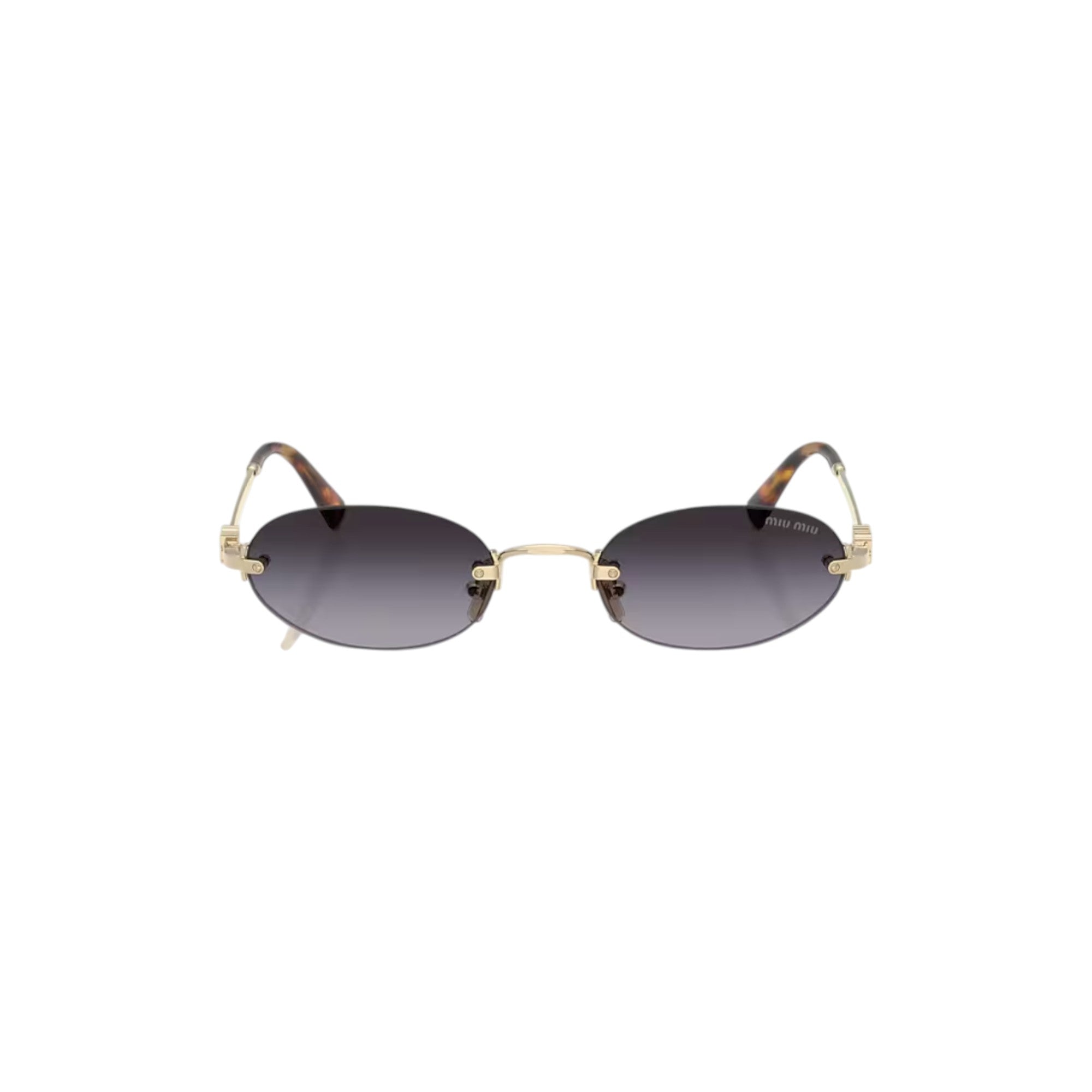 Via Manzoni Boutique Miu Miu rimless oval sunglasses with grey gradient lenses and gold metal frame.