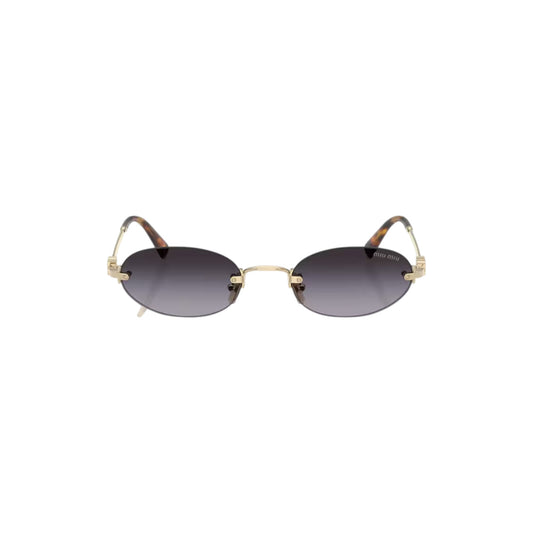 Via Manzoni Boutique Miu Miu rimless oval sunglasses with grey gradient lenses and gold metal frame.