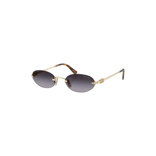 Via Manzoni Boutique Miu Miu rimless oval sunglasses with grey gradient lenses and gold metal frame with tortoiseshell tips.