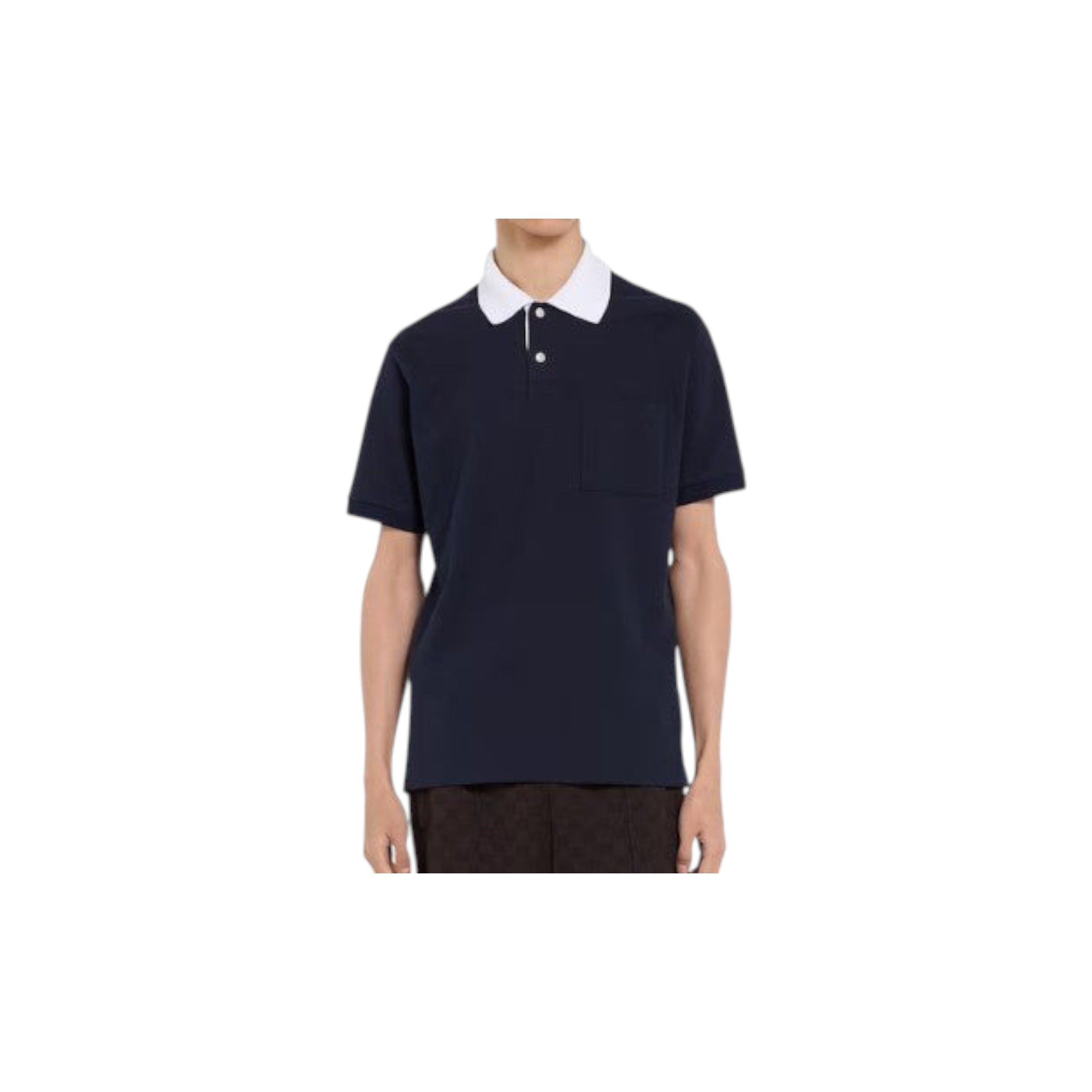 Via Manzoni Boutique navy blue cotton polo shirt with a crisp white contrast collar and chest pocket.