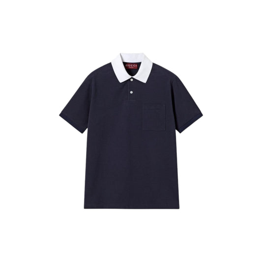 Via Manzoni Boutique navy blue cotton pique polo shirt with a crisp white collar and chest pocket.