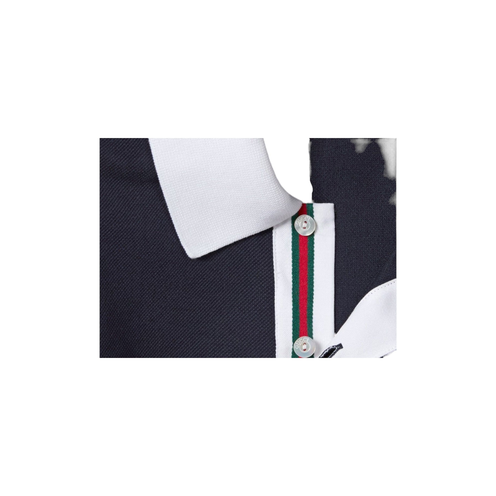 Via Manzoni Boutique navy blue cotton polo shirt with white contrast collar and iconic green and red web placket detail