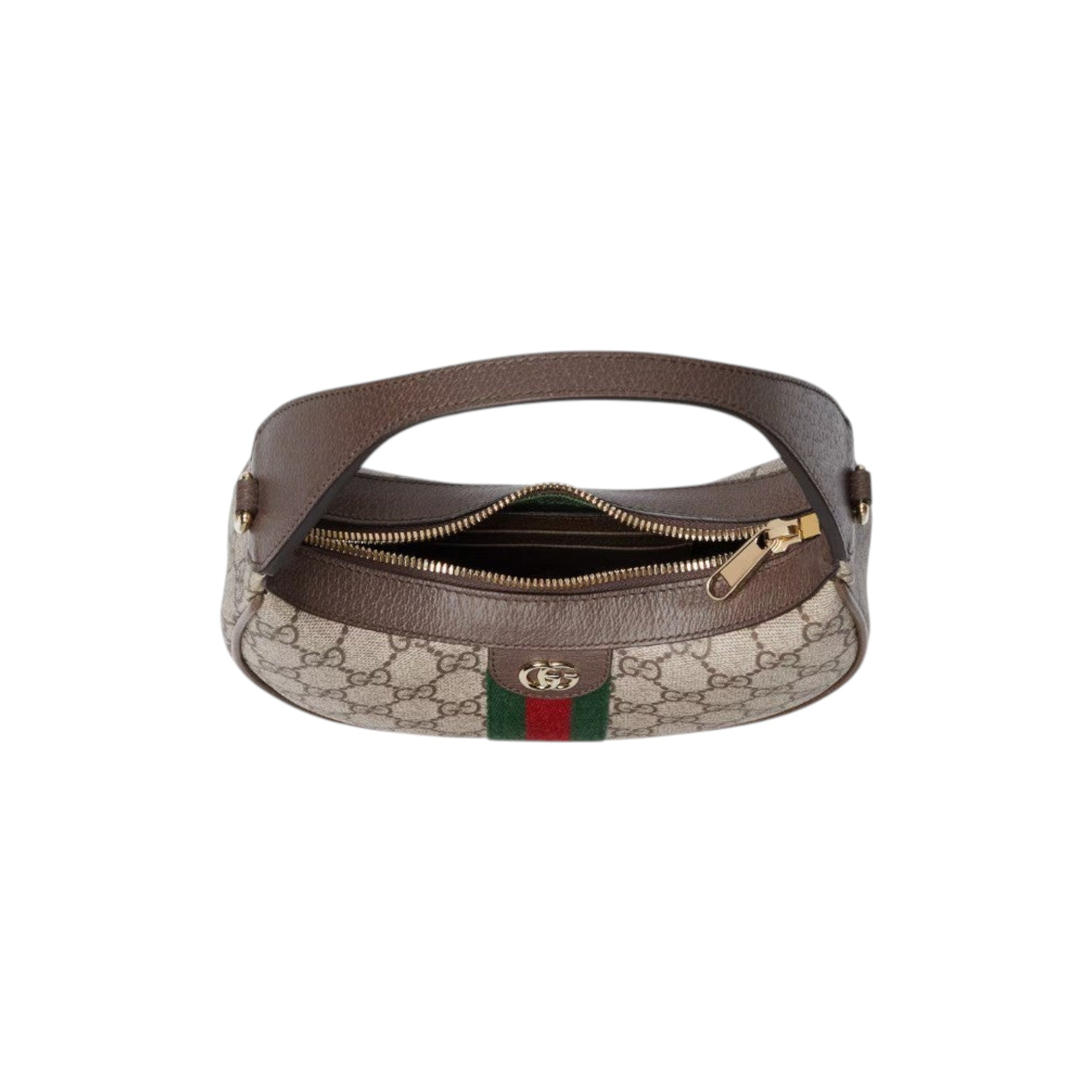 Via Manzoni Boutique Ophidia GG Small Shoulder Bag in beige GG Supreme canvas with brown leather trim and green/red Web stripe.