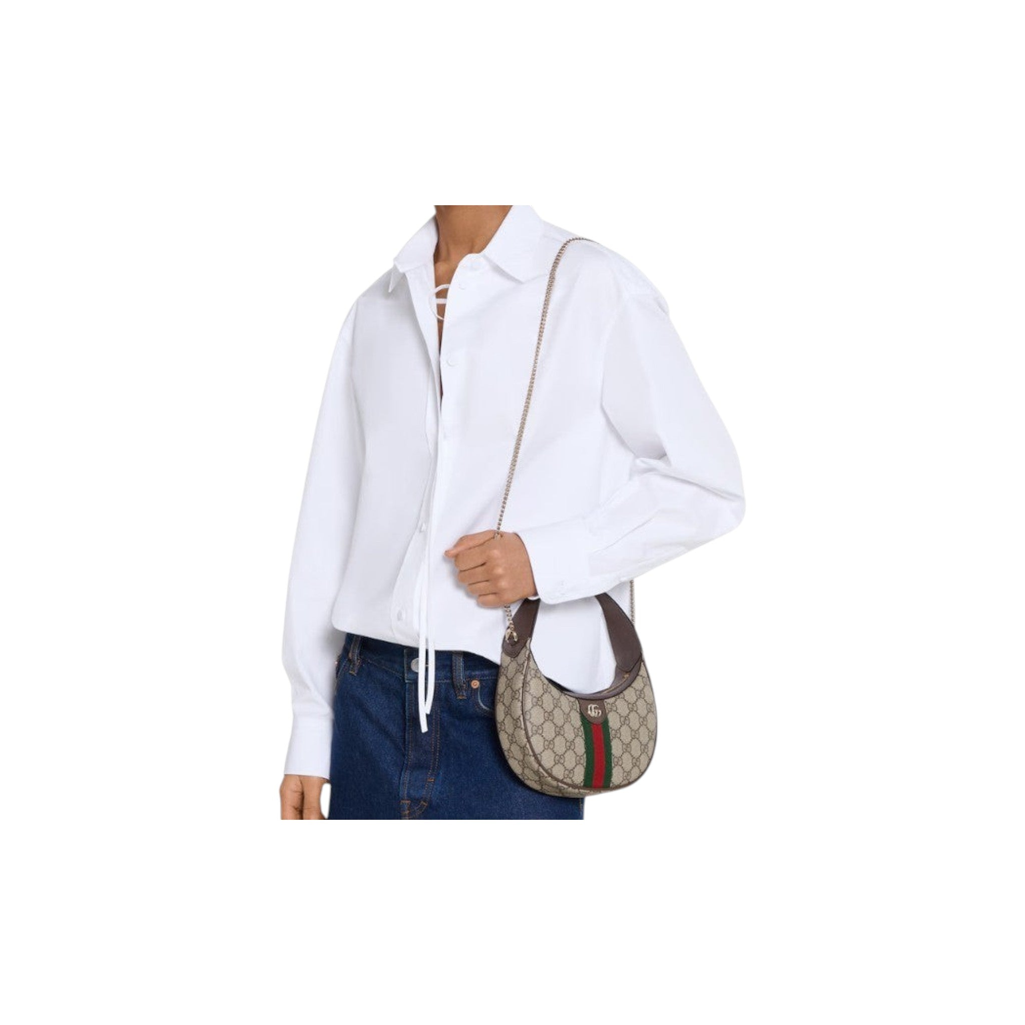 Via Manzoni Boutique Ophidia GG Small Shoulder Bag in beige GG Supreme canvas with brown leather trim and green/red Web stripe.