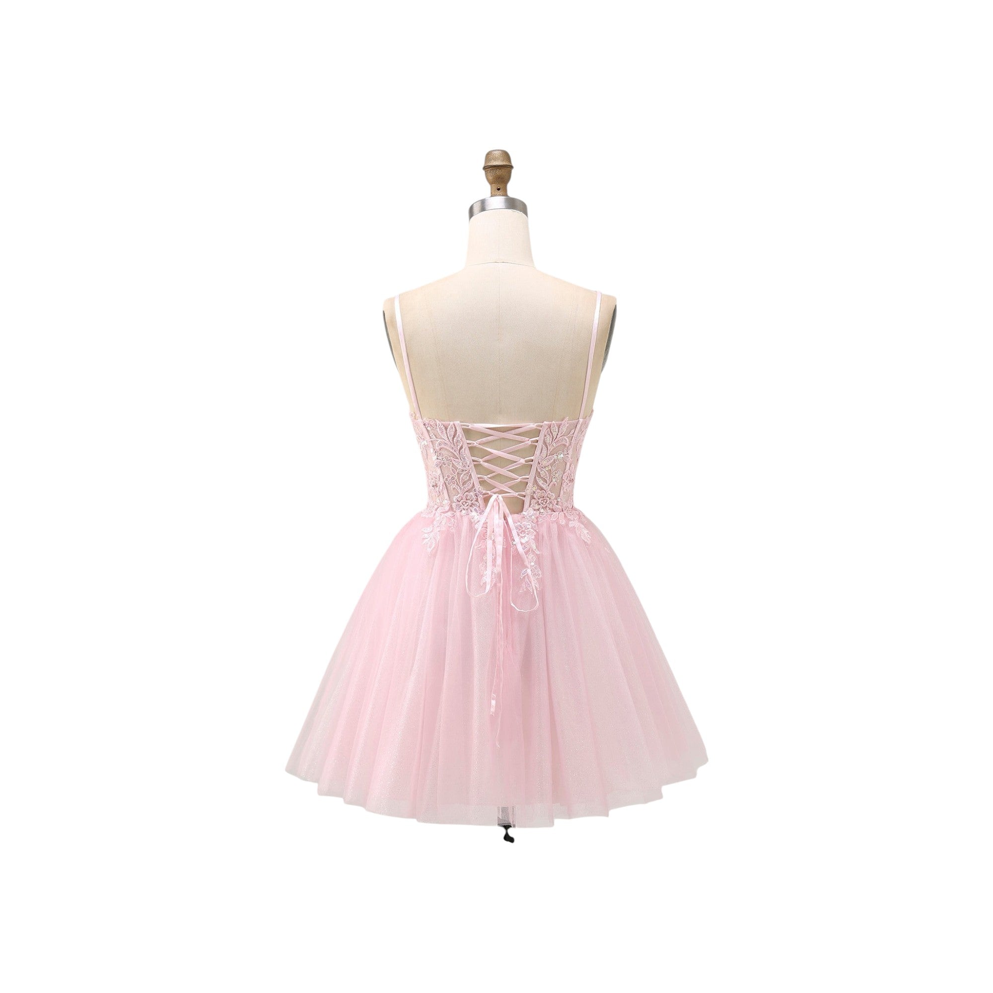 Via Manzoni Boutique 粉色薄纱刺绣吊带短款连衣裙,背部系带设计,适合派对舞会。