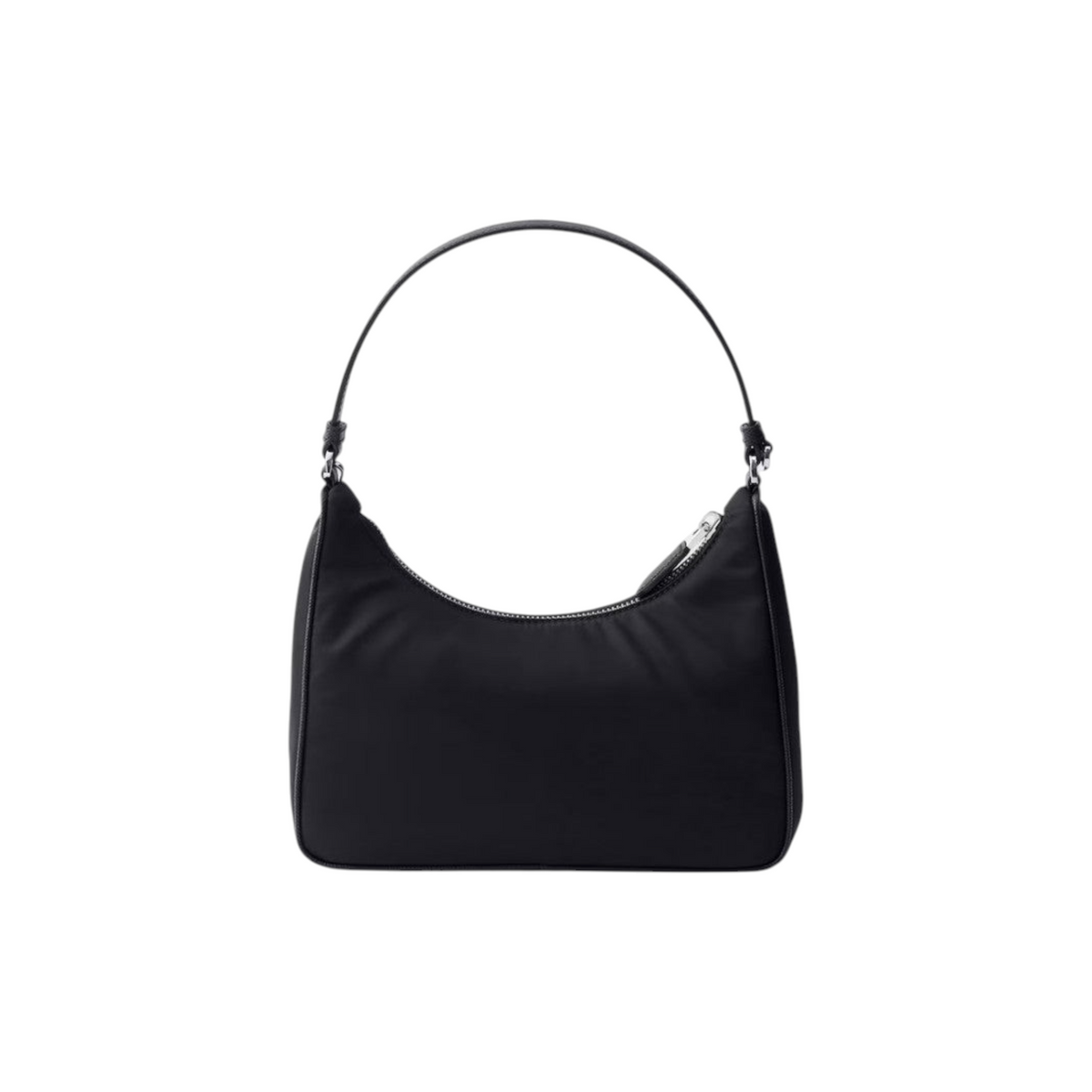 Via Manzoni Boutique PRADA Re-Edition 2005 black nylon shoulder bag with silver hardware and minimalist design.