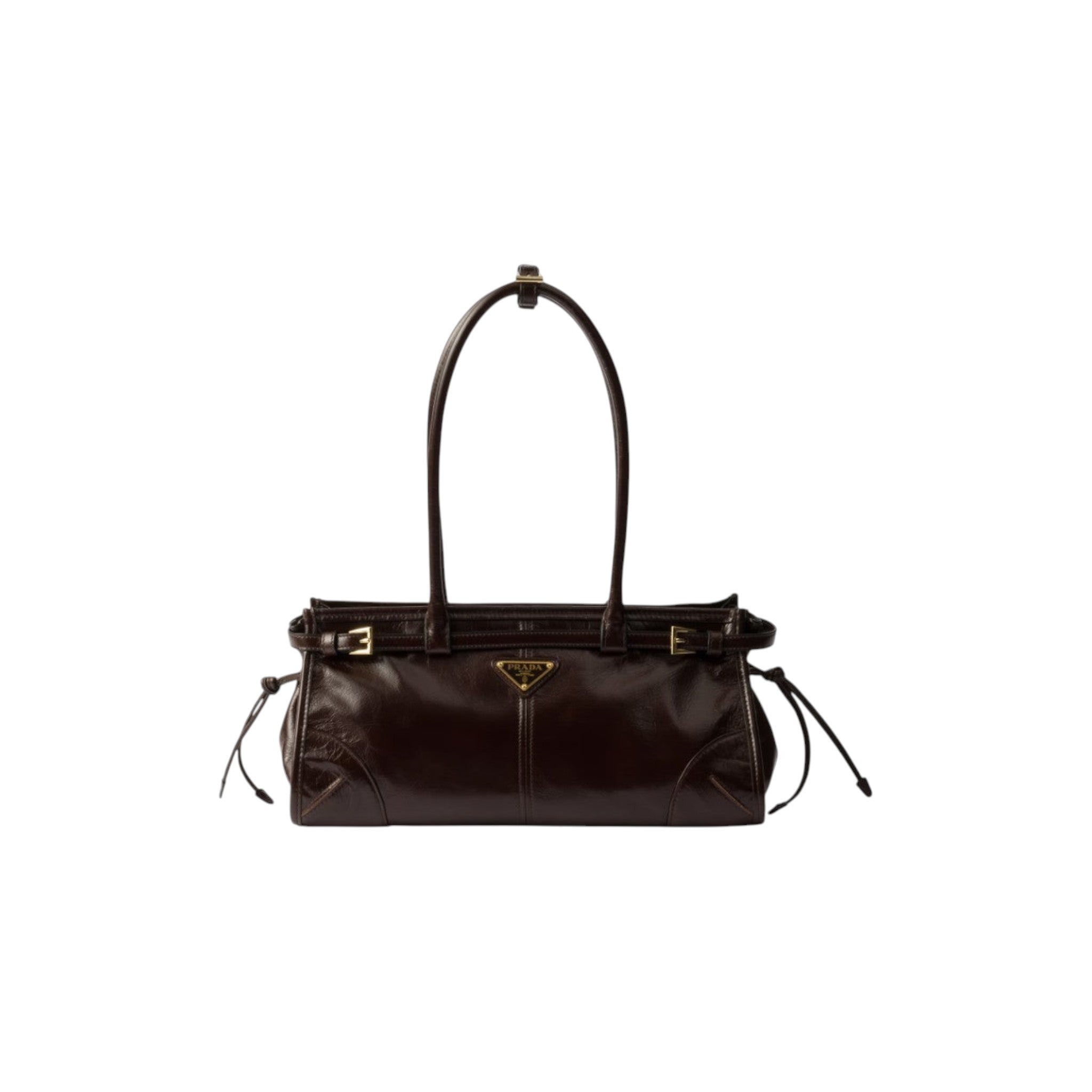 Via Manzoni Boutique dark brown polished leather Prada shoulder bag with gold hardware and side-tie details.