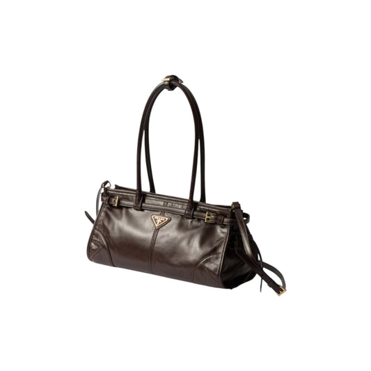 Via Manzoni Boutique dark brown polished leather Prada shoulder bag with gold-tone hardware and side-tie details.