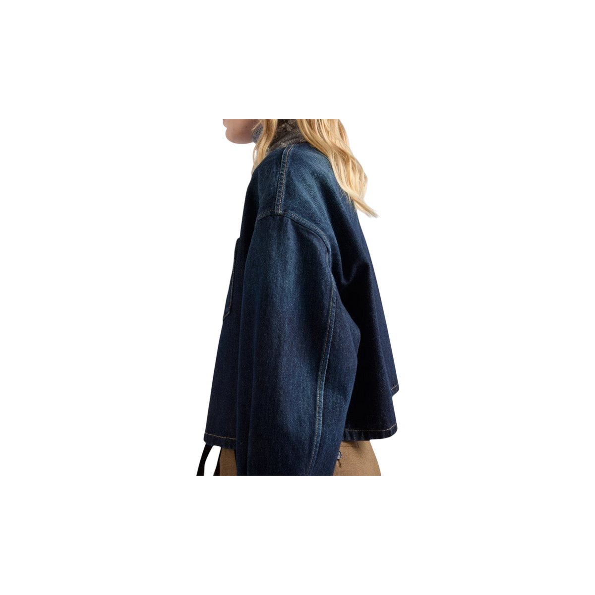 Via Manzoni Boutique PRADA cropped indigo denim jacket with dropped shoulders and boxy fit, side view