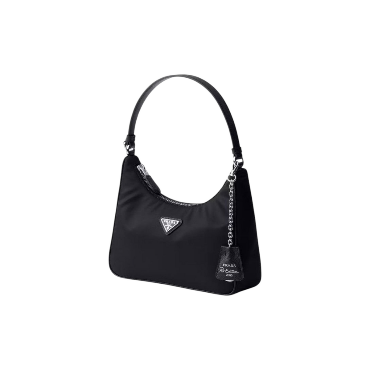 Via Manzoni Boutique black Prada Re-Edition 2005 nylon shoulder bag with silver hardware and detachable chain detail.