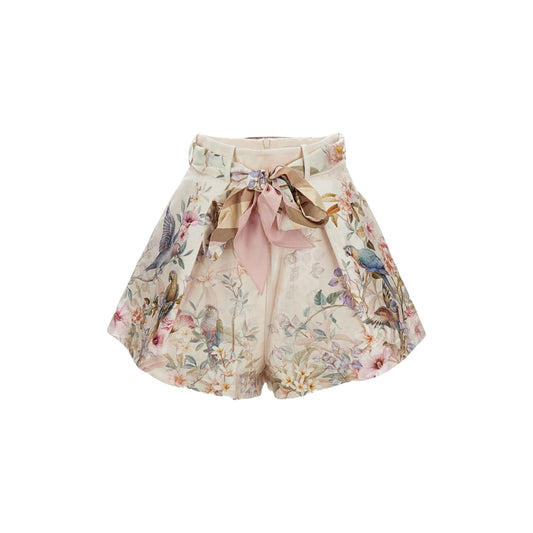 Via Manzoni Boutique high-waisted shorts with a botanical print of parrots and flowers, featuring a belted waist with a pink bow.