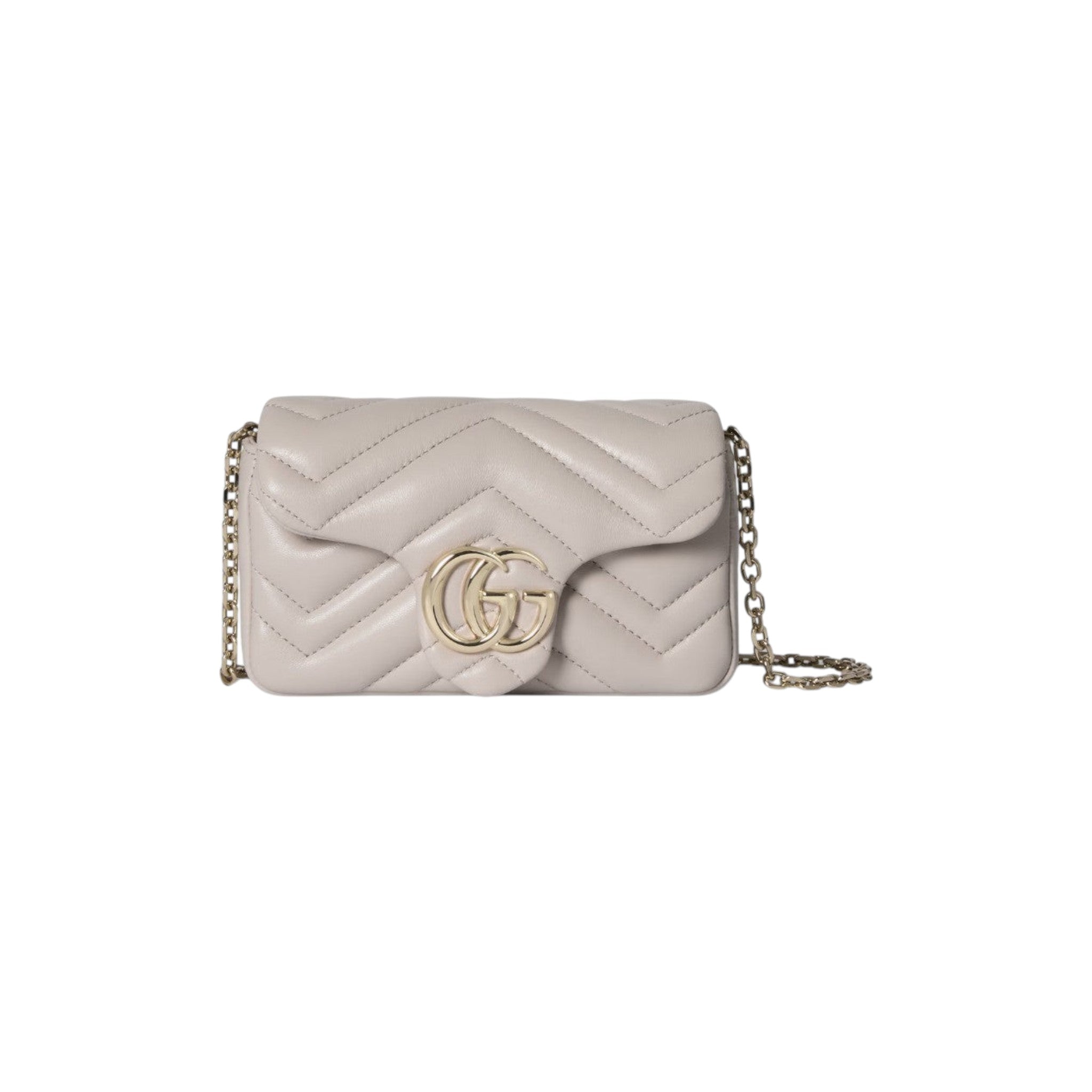 Via Manzoni Boutique light beige quilted leather shoulder bag with chevron pattern and gold GG logo.