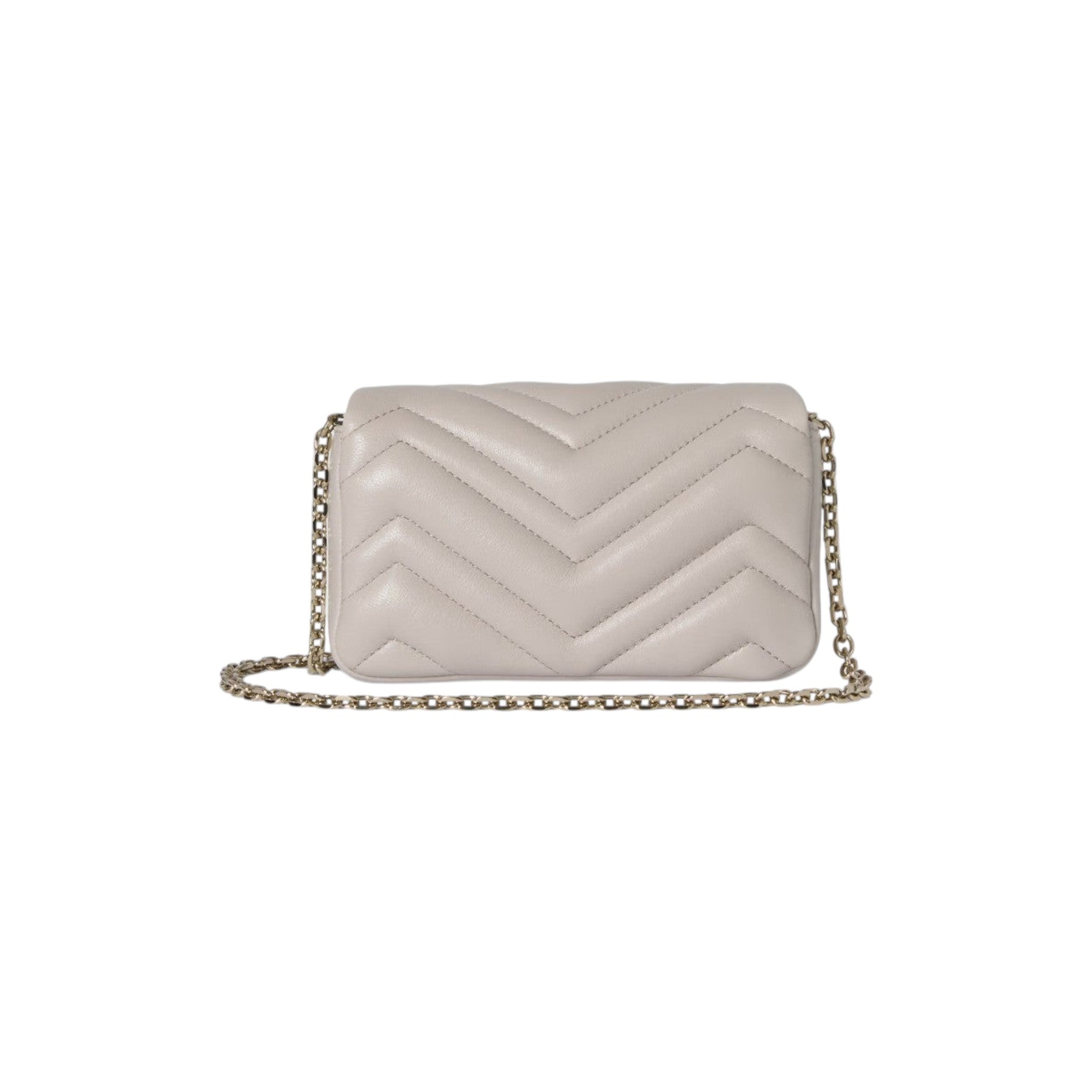 Via Manzoni Boutique light beige quilted leather shoulder bag with chevron pattern and gold chain strap.