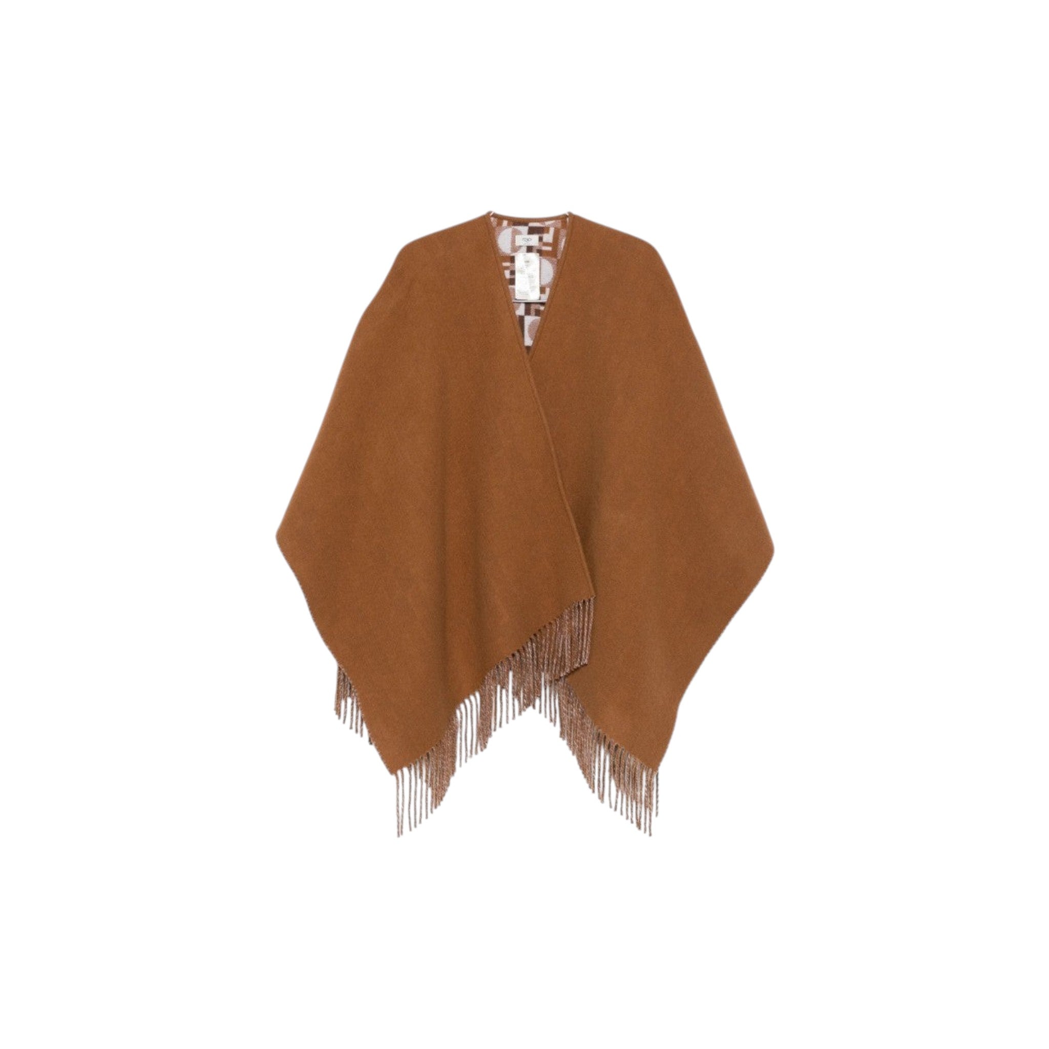 Via Manzoni Boutique reversible caramel wool blend poncho with fringed edges and monogram print lining.