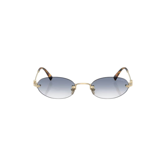 Via Manzoni Boutique rimless oval sunglasses with gradient blue lenses and gold metal frame with tortoiseshell temples.