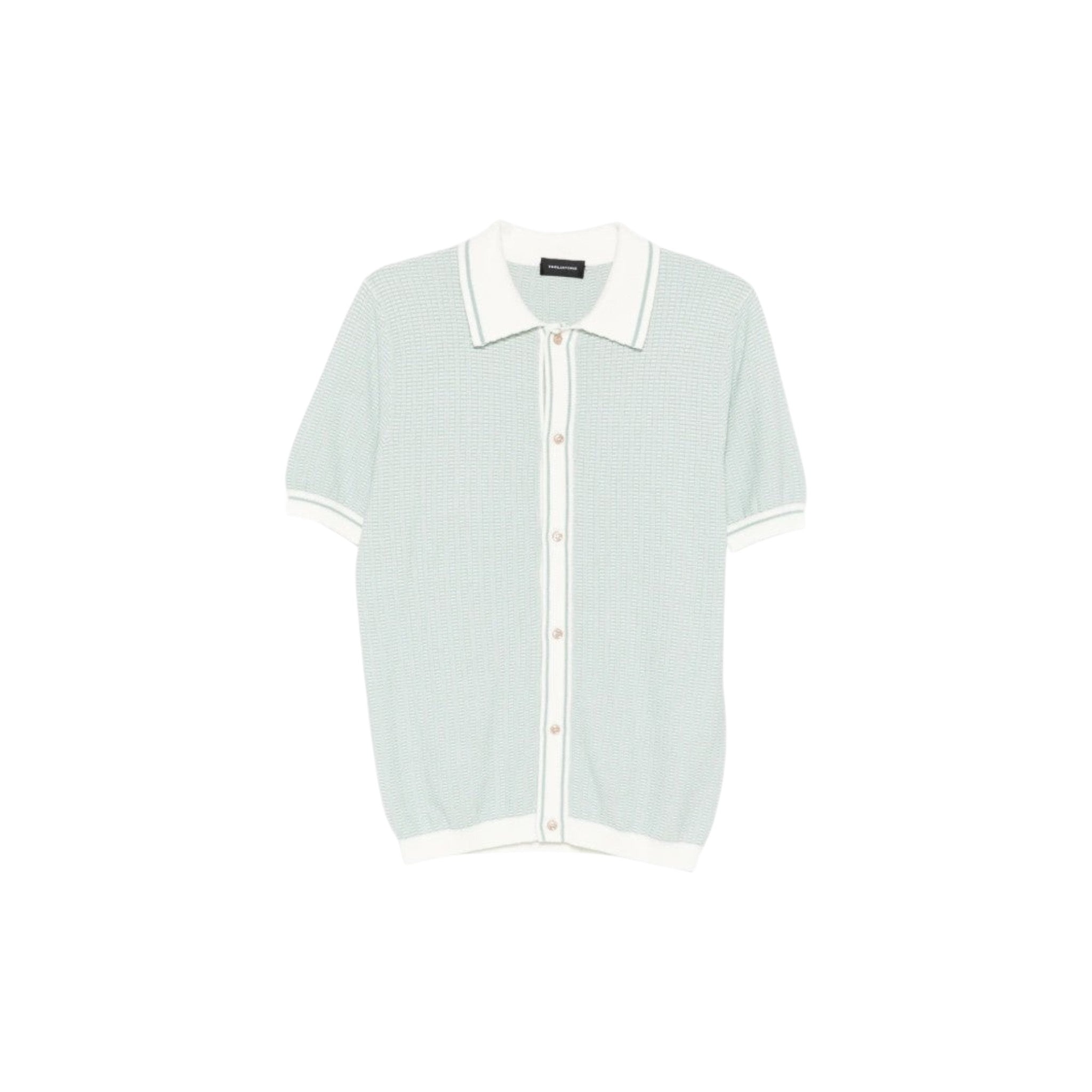 Via Manzoni Boutique sage green knit polo shirt with white collar, cuffs, and button-up front in textured fabric.