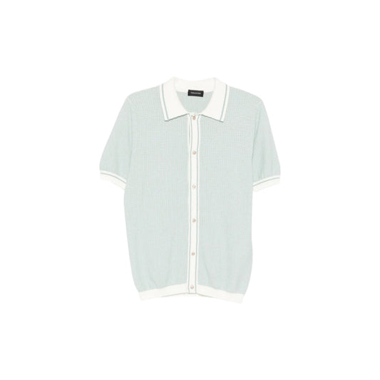 Via Manzoni Boutique sage green knit polo shirt with white collar, cuffs, and button-up front in textured fabric.