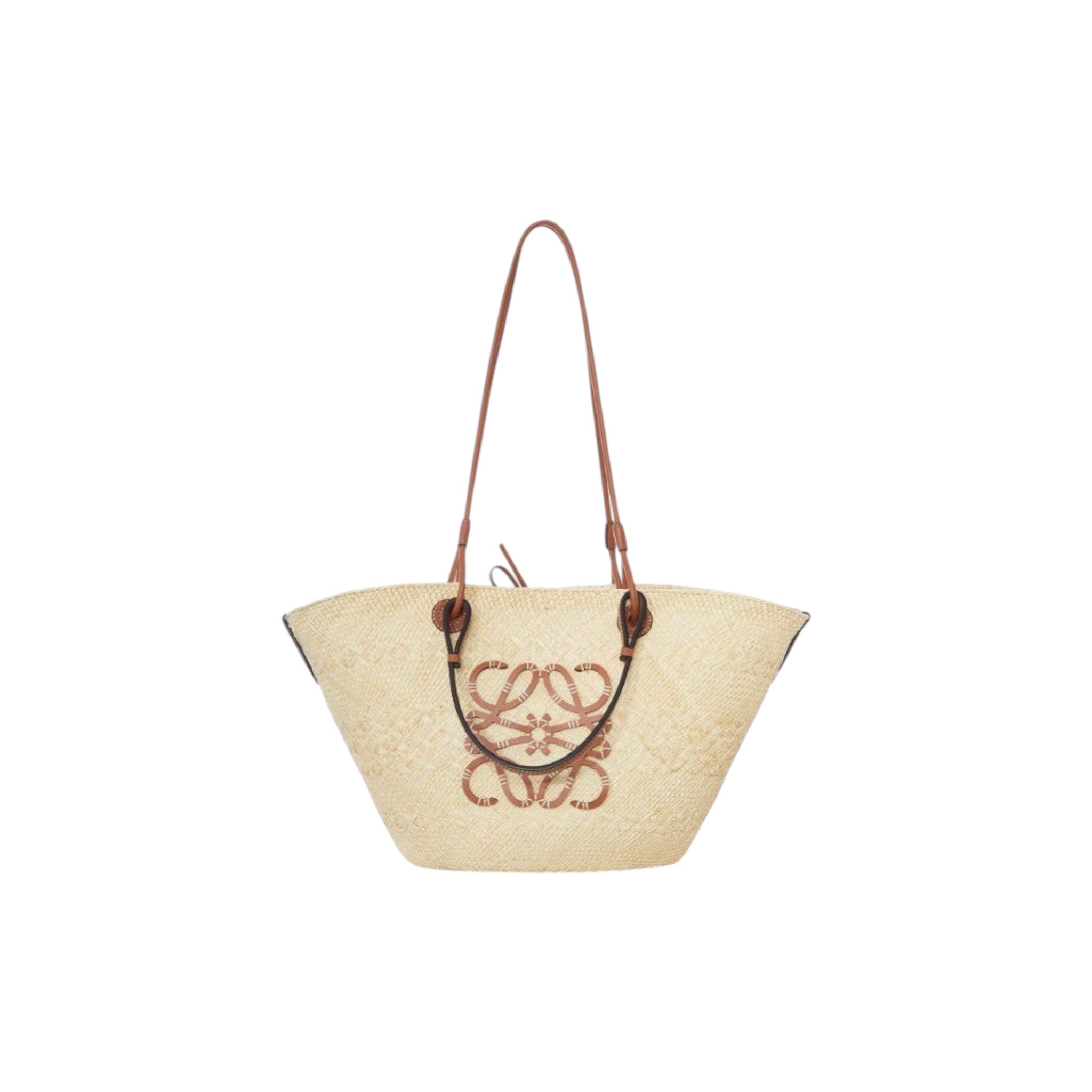 Via Manzoni Boutique natural raffia woven tote bag with tan leather straps and anagram logo detail.