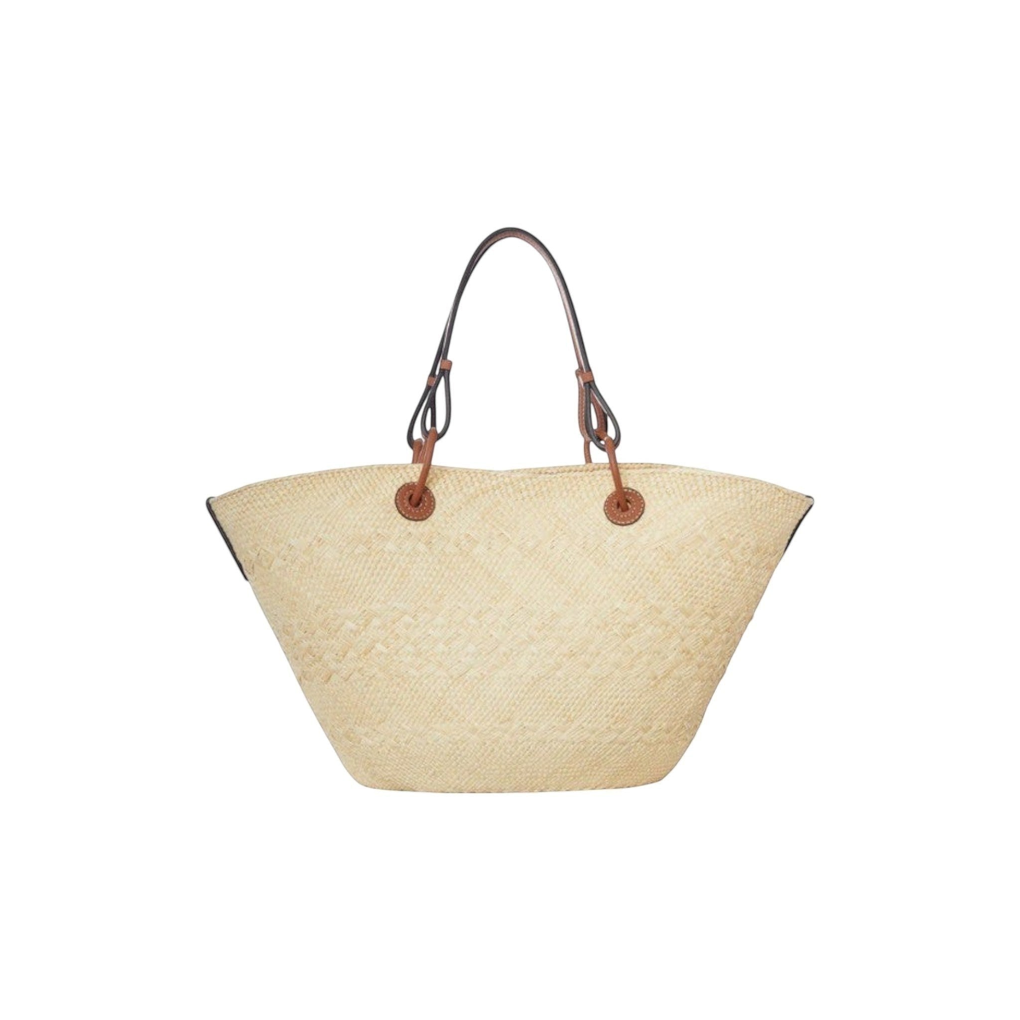Via Manzoni Boutique woven raffia straw tote bag with tan leather straps and trim, featuring a basket silhouette and braided leather logo detail.