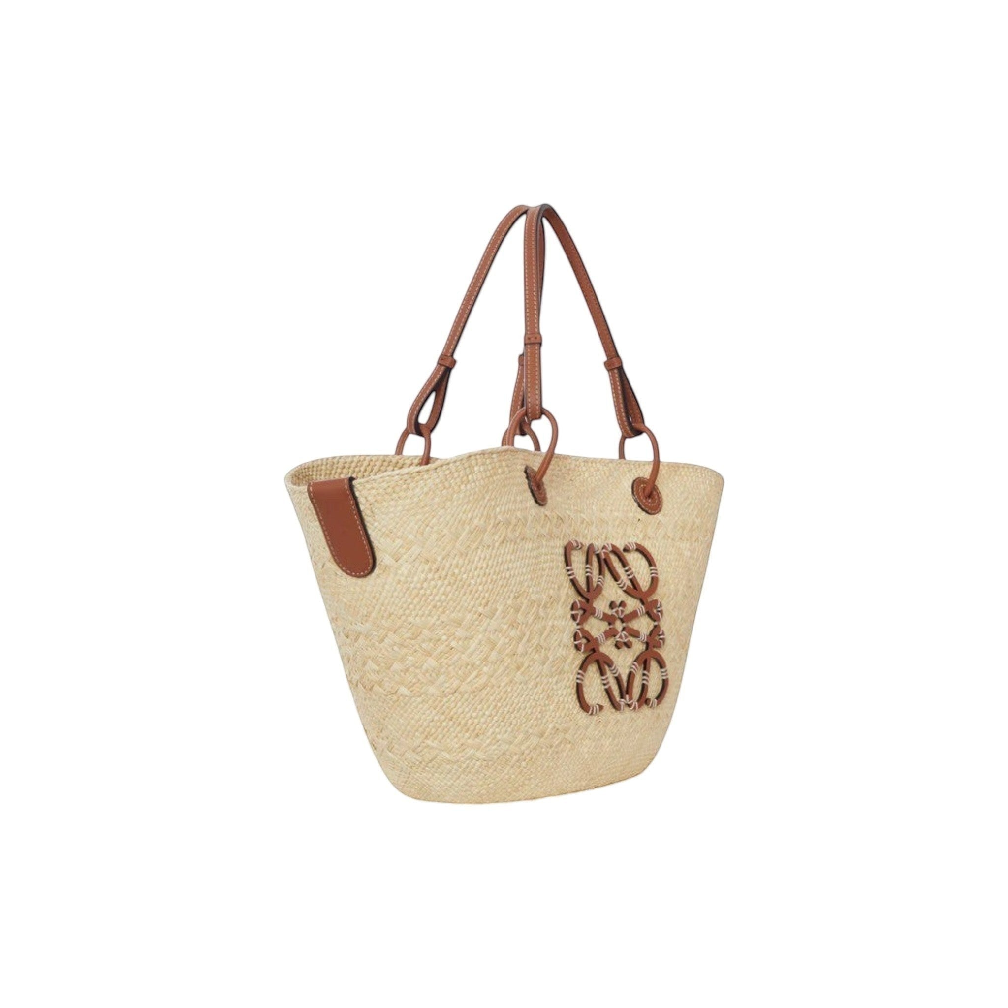 Via Manzoni Boutique natural raffia straw tote bag with tan leather straps and braided anagram logo.