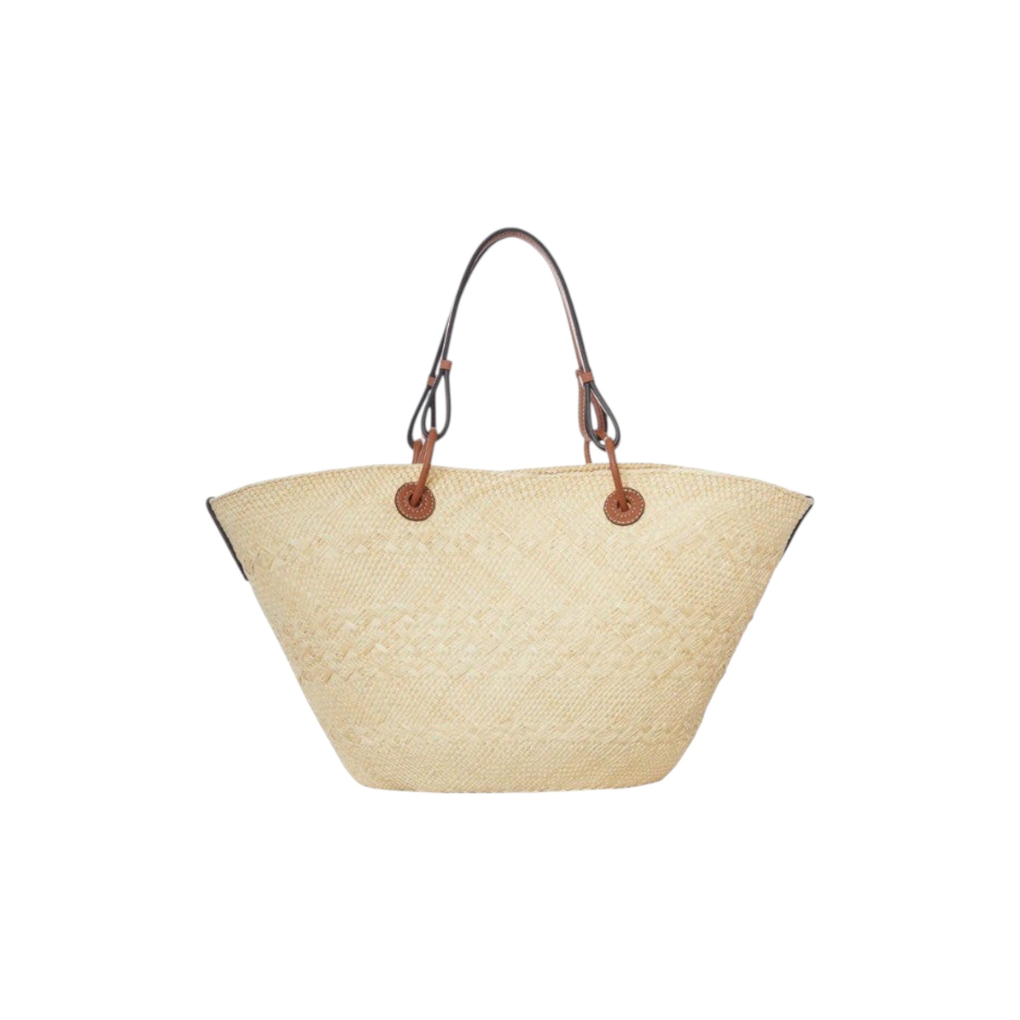 Via Manzoni Boutique woven raffia straw tote bag with tan leather straps and trim, featuring a basket silhouette and braided leather logo detail.