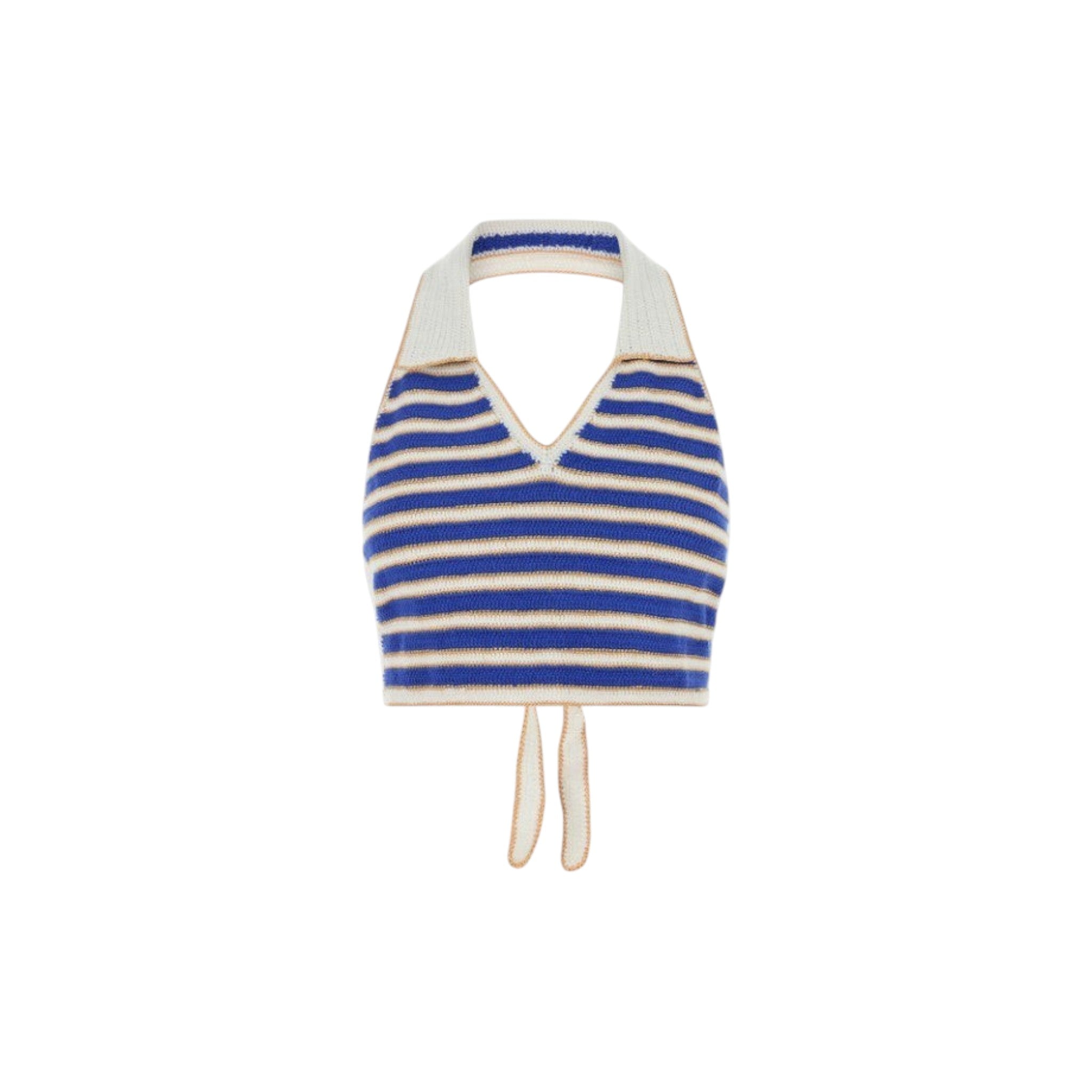 Via Manzoni Boutique striped crochet halter crop top in blue, white, and tan with a V-neck and back tie closure.