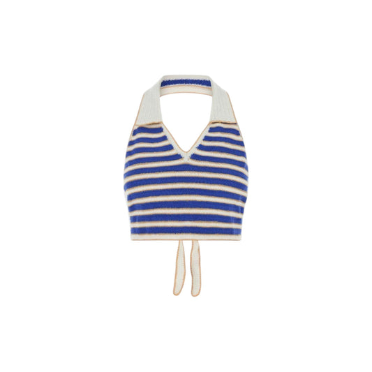 Via Manzoni Boutique striped crochet halter crop top in blue, white, and tan with a V-neck and back tie closure.