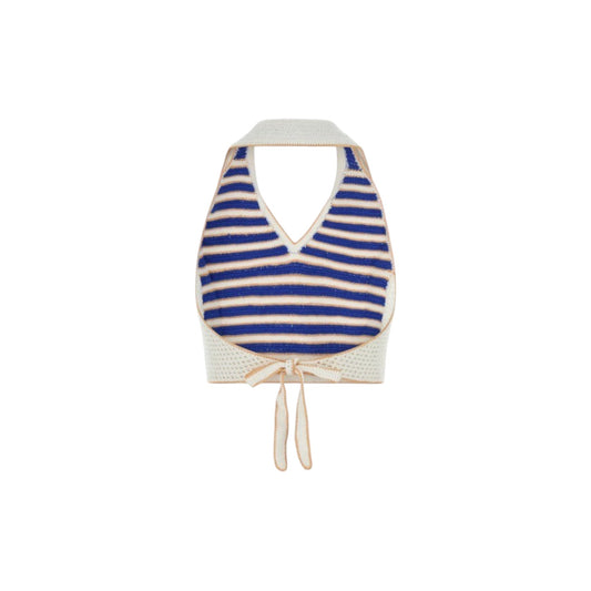 Via Manzoni Boutique striped crochet halter crop top in blue, white, and tan with a tie-back closure.