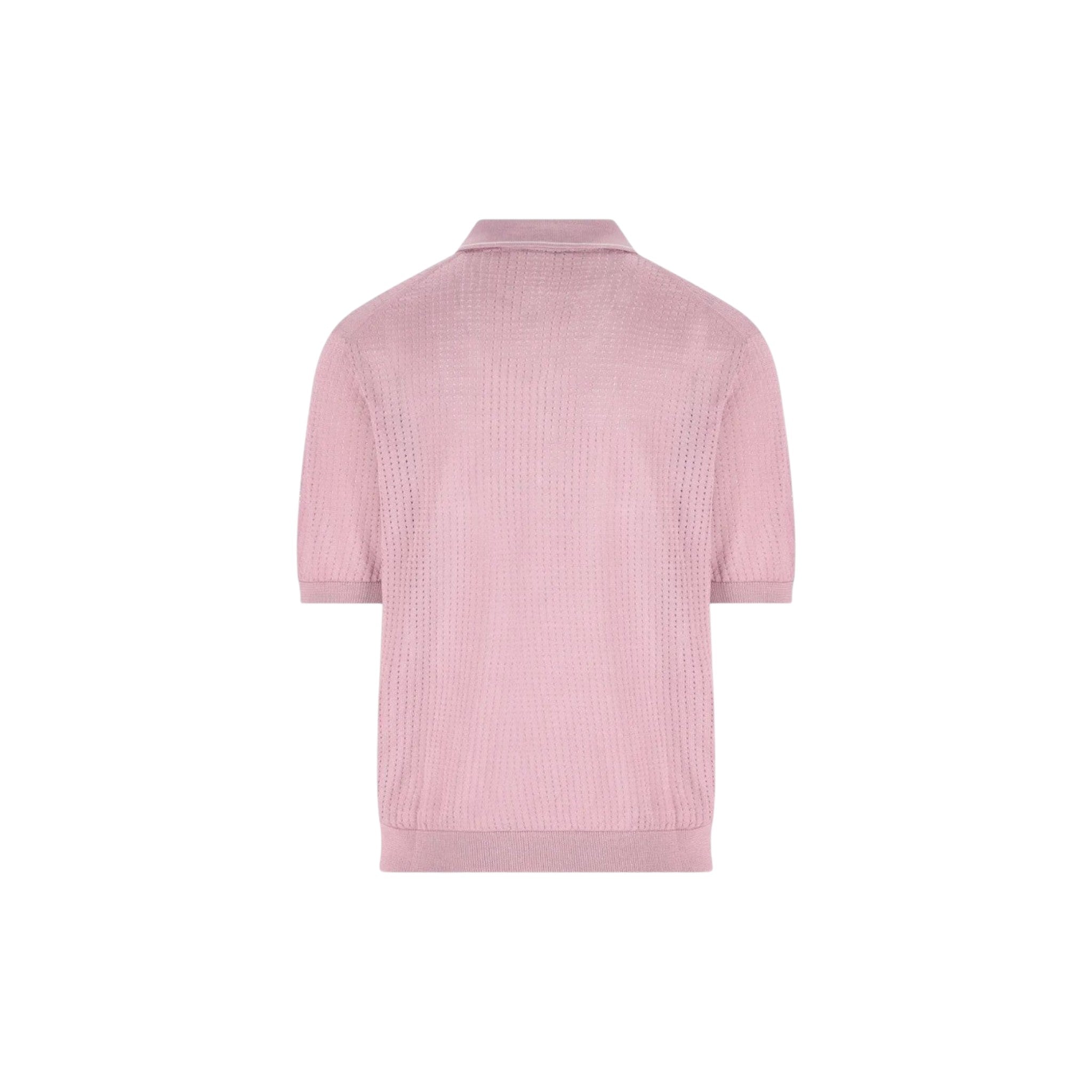Via Manzoni Boutique Tagliatore dusty pink open-knit short sleeve polo shirt with ribbed hem and cuffs, back view.
