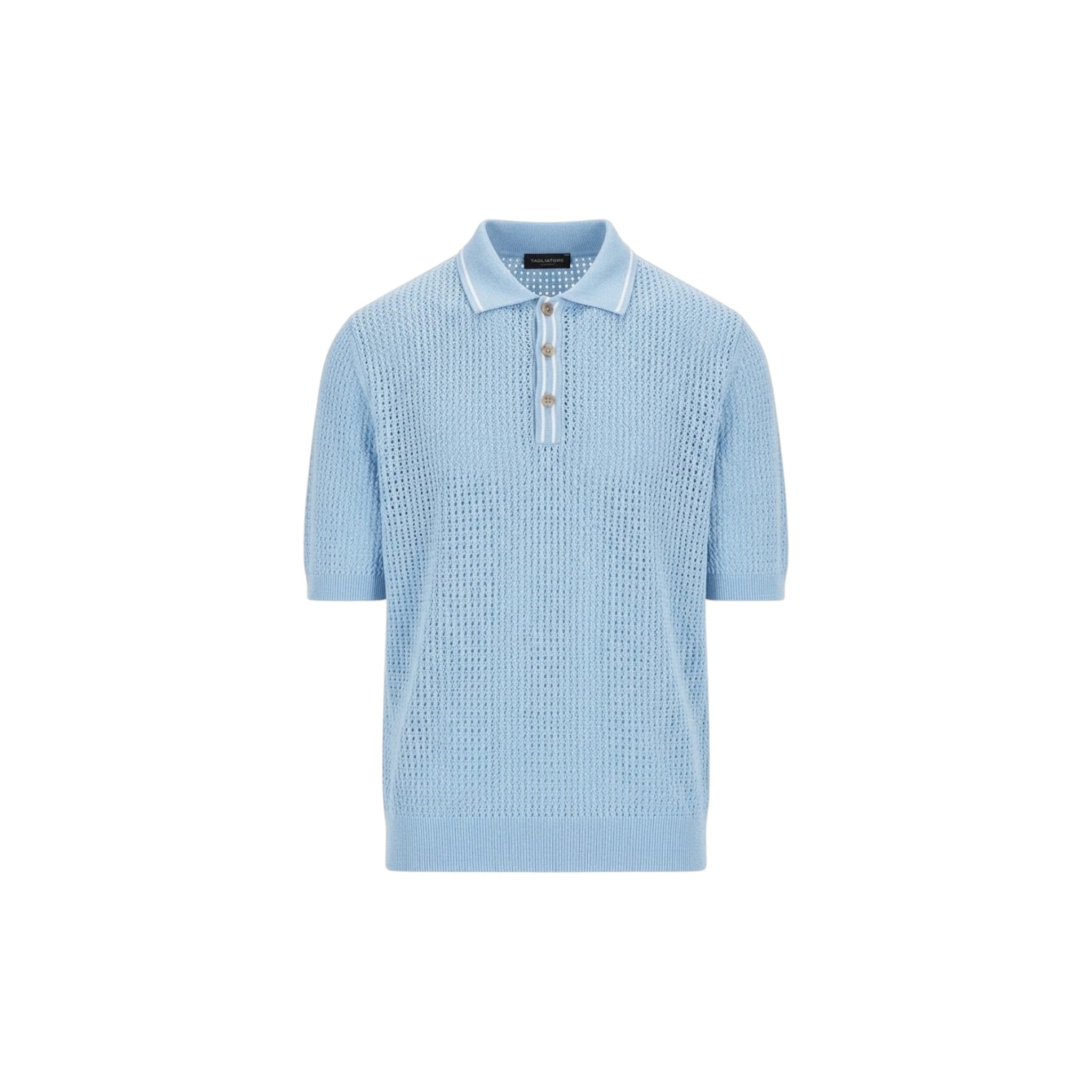 Via Manzoni Boutique Tagliatore Hill Cielo sky blue cotton knit polo shirt with textured open-weave design