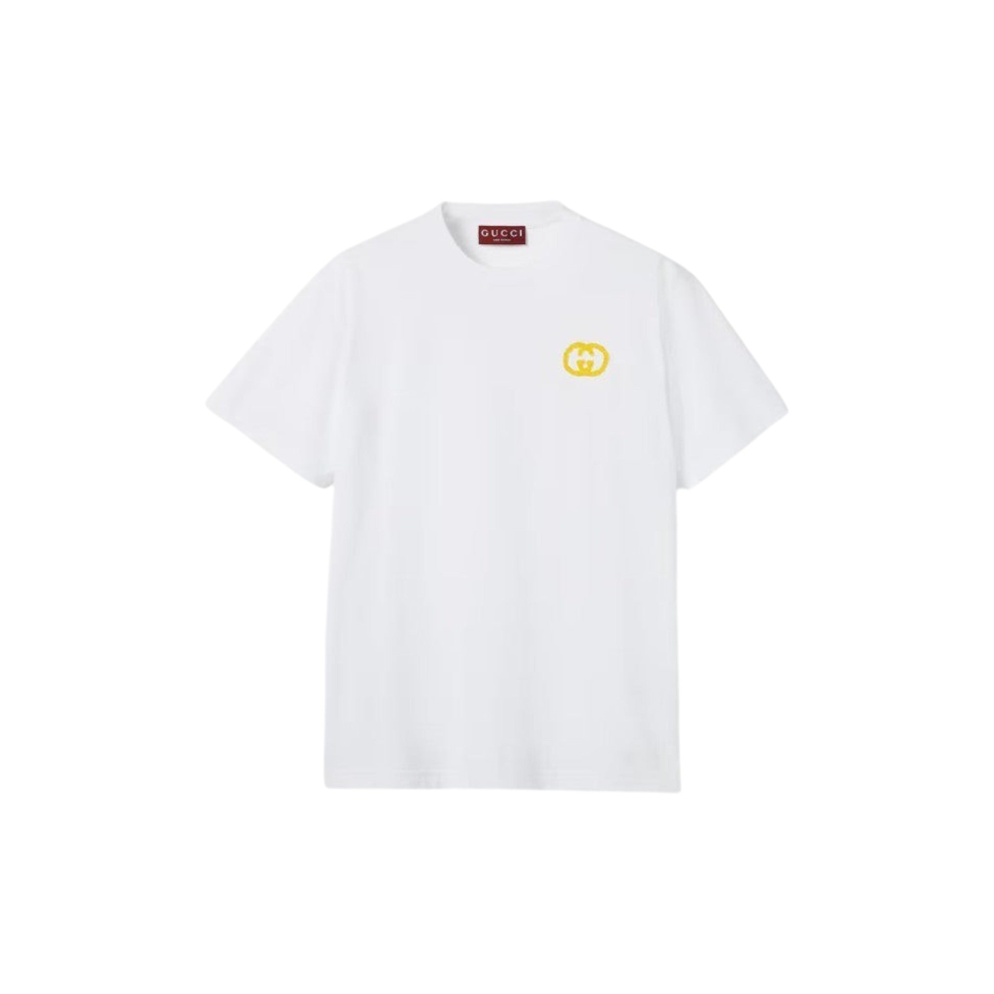 Via Manzoni Boutique white cotton t-shirt with embroidered yellow GG logo on chest, crew neck, short sleeves.