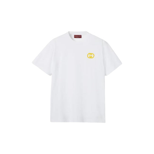 Via Manzoni Boutique white cotton t-shirt with embroidered yellow GG logo on chest, crew neck, short sleeves.