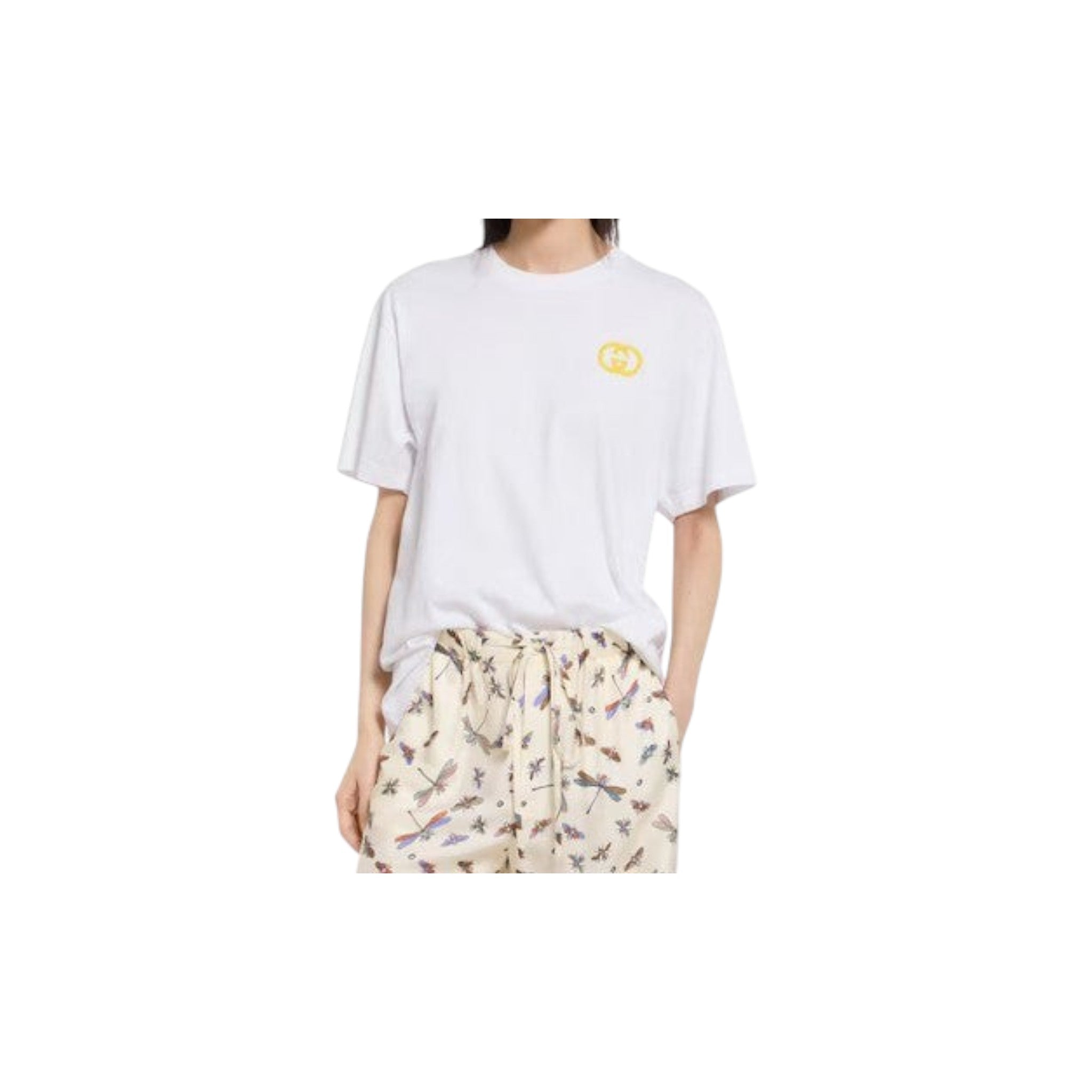 Via Manzoni Boutique white cotton t-shirt with embroidered yellow GG logo on chest. Crew neck, short sleeves, relaxed fit.