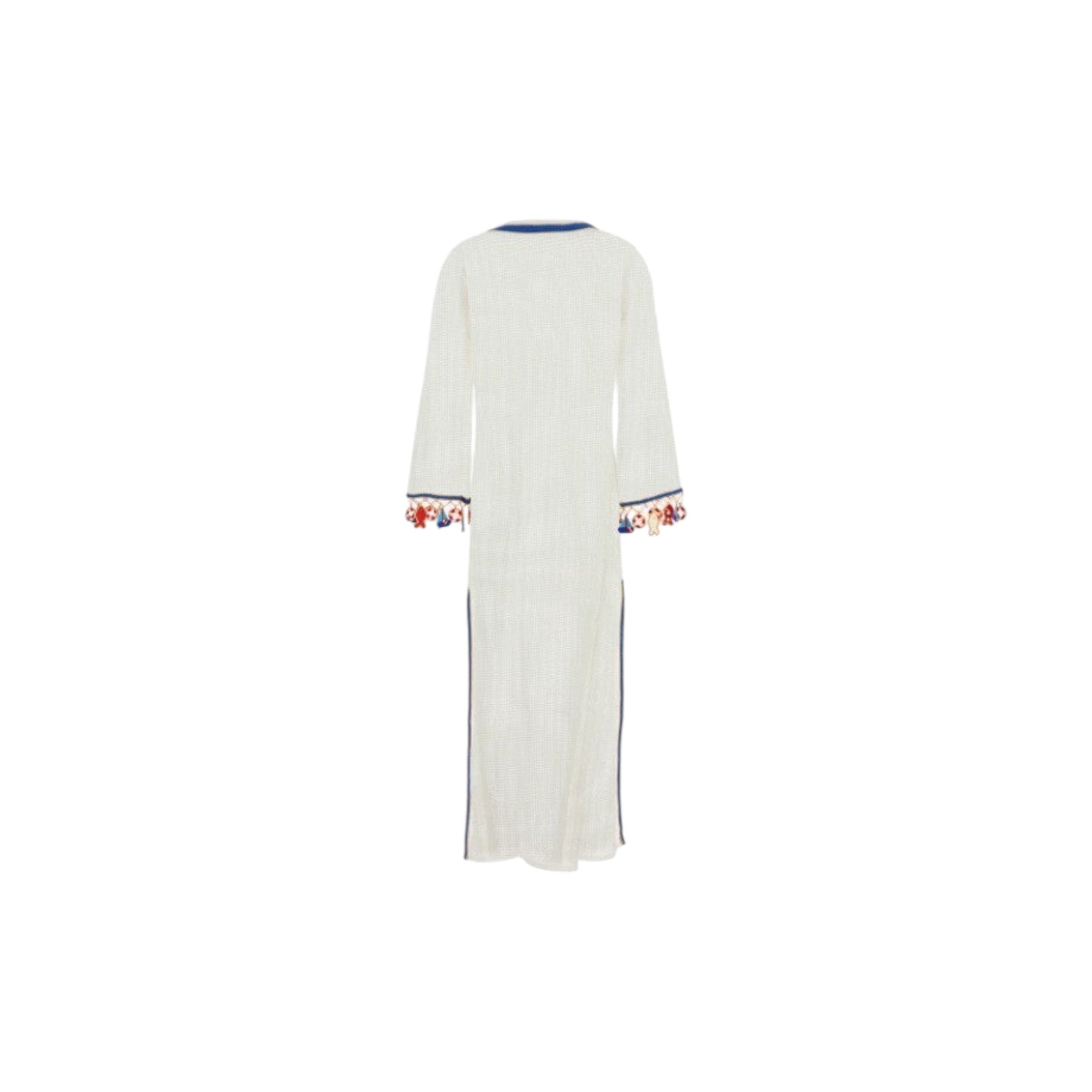 Via Manzoni Boutique white crochet beach cover-up tunic with blue trim and nautical charm details on sleeves